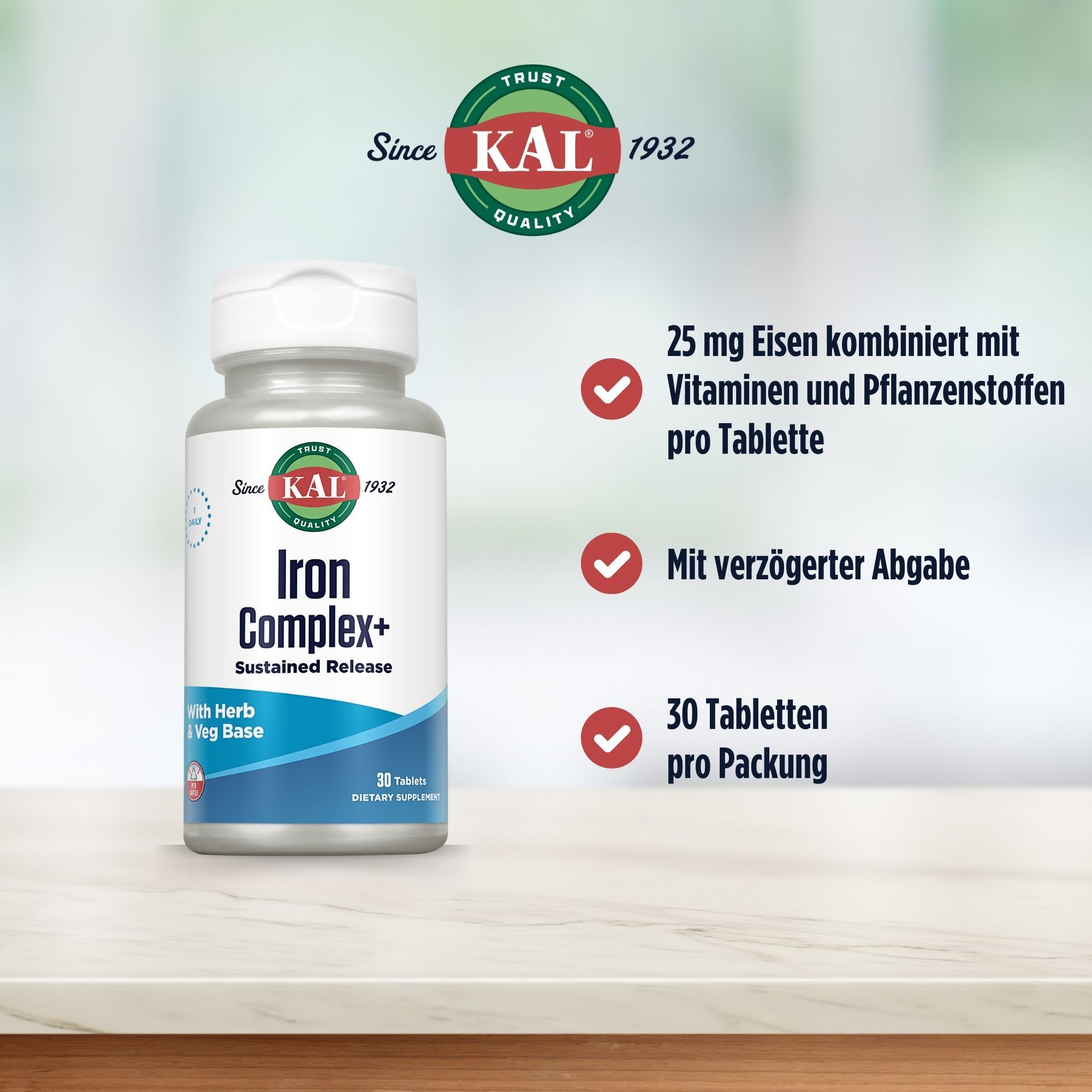 Eine Flasche KAL Iron Complex+ mit 30 Tabletten. Text: 25 mg Eisen, Vitamine, verzögerte Abgabe.