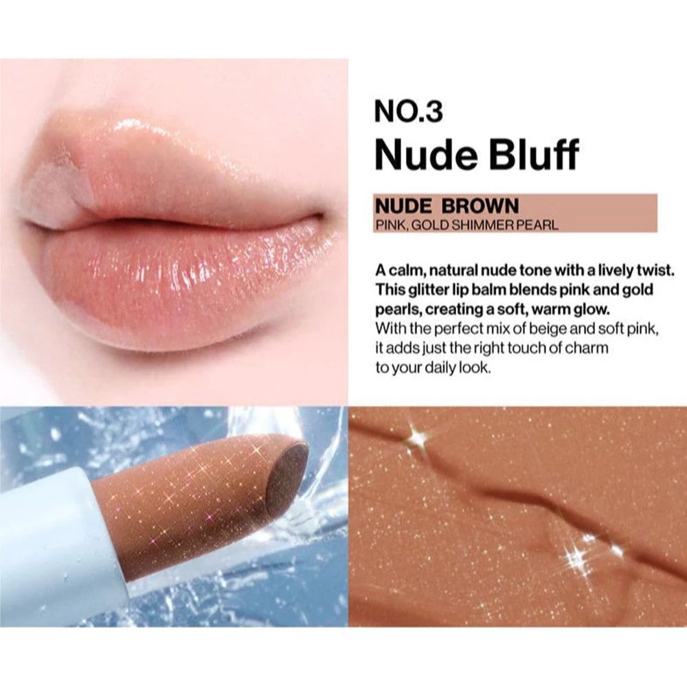 Lippenbalsam mit Glitzer. Farbton Nude Brown. Produktname und Beschreibungstext. Nahaufnahme von Lippen und Produkt.