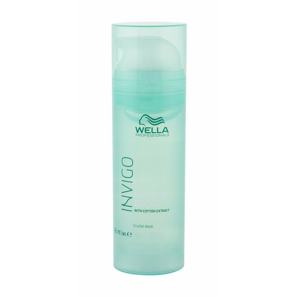 Zylindrische Flasche mit grünem Deckel. Aufschrift: Invigo, Wella, Crystal Mask. Mit Baumwollextrakt.