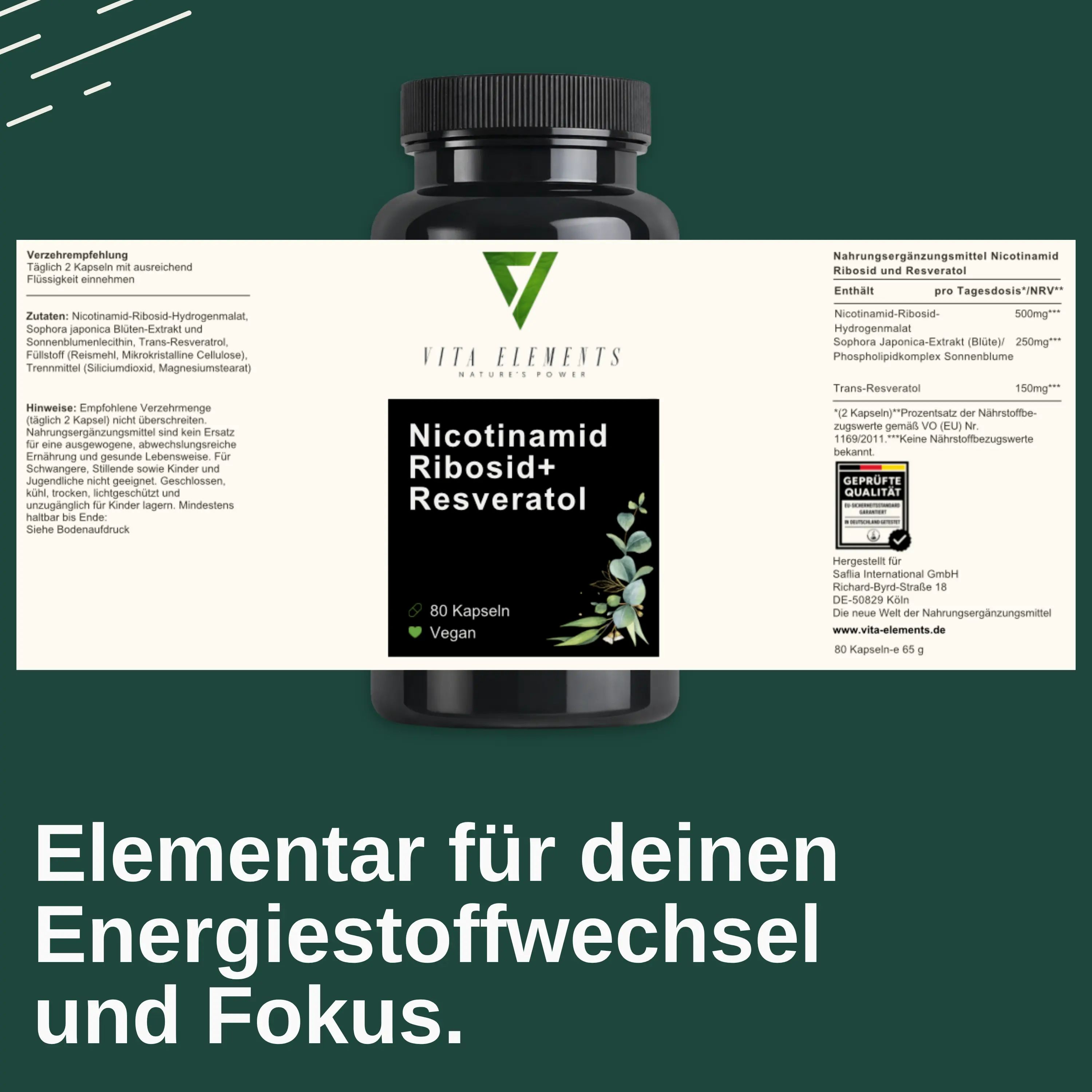 Rückseite der Dose mit Vita Elements Nicotinamid Ribosid+ Resveratrol. Text: Elementar für Energiestoffwechsel.