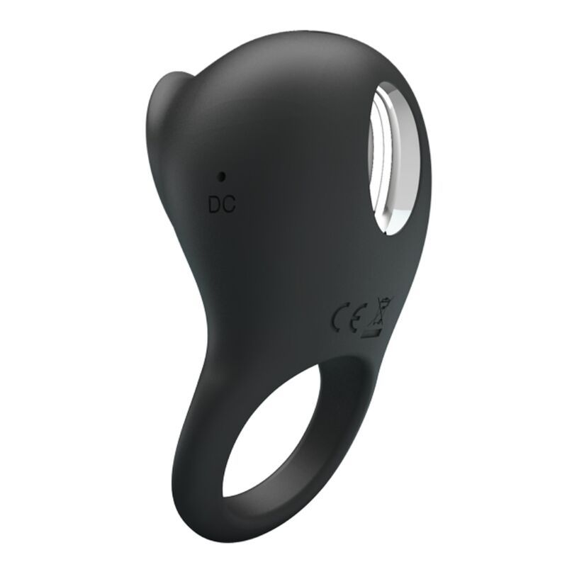 Schwarzer Penisring mit Zunge und Ring. Mit CE-Kennzeichnung und DC-Eingang. Aus Silikon.