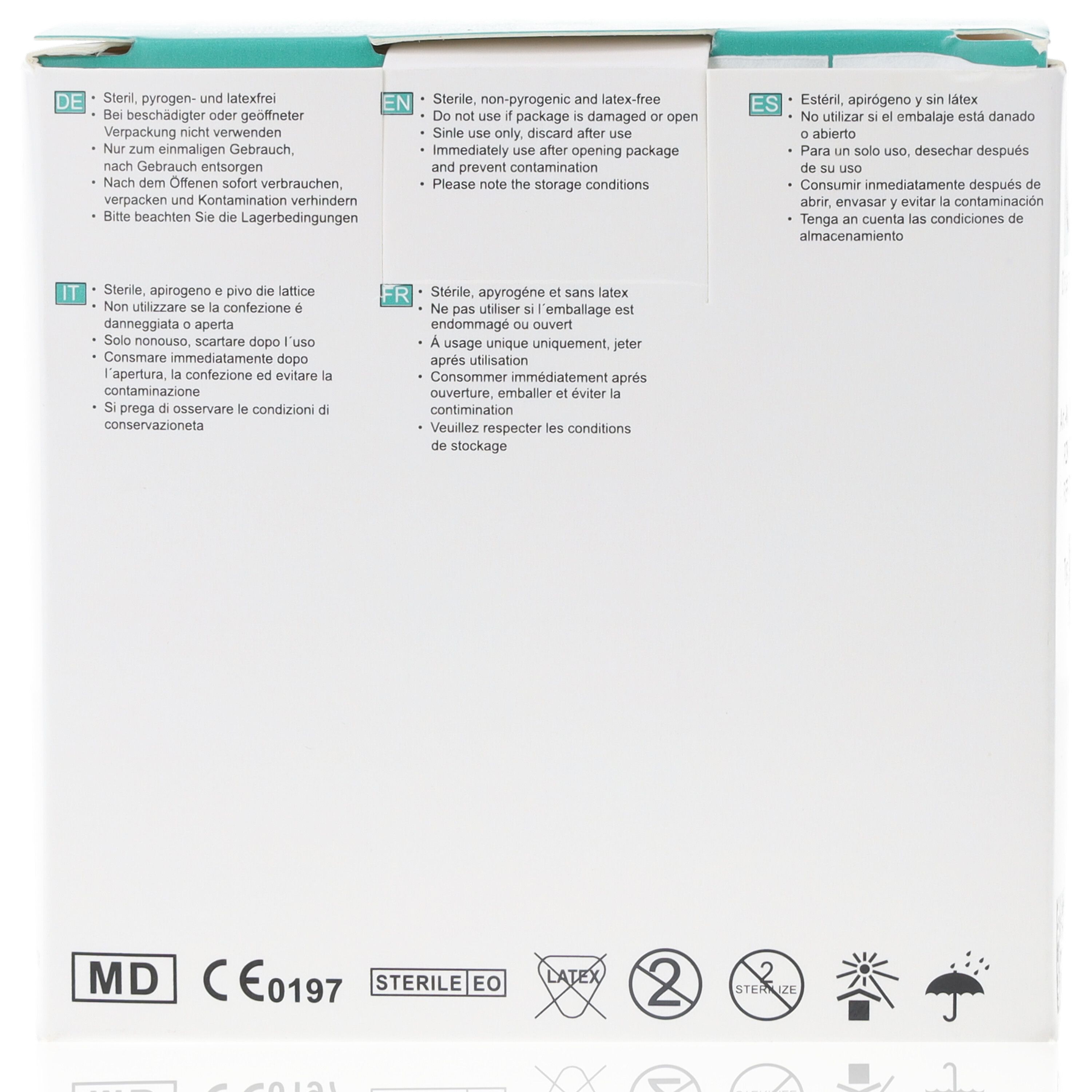 Rückseite der Verpackung von NEOJECT® Ultradünnwandkanülen. Text in Deutsch, Englisch, Spanisch, Italienisch und Französisch.