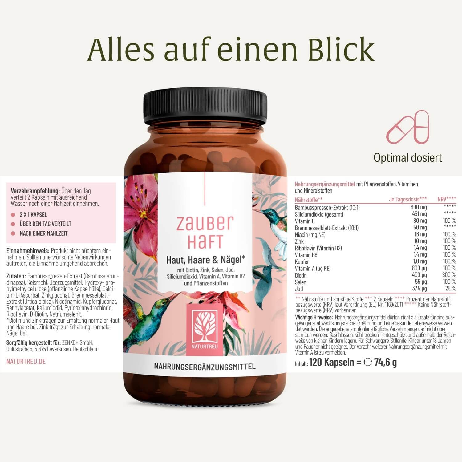 NATURTREU® Glanz Leistung Coenzym Q10 Kapseln, 90 Stück, mit detaillierter Nährwertangabe.