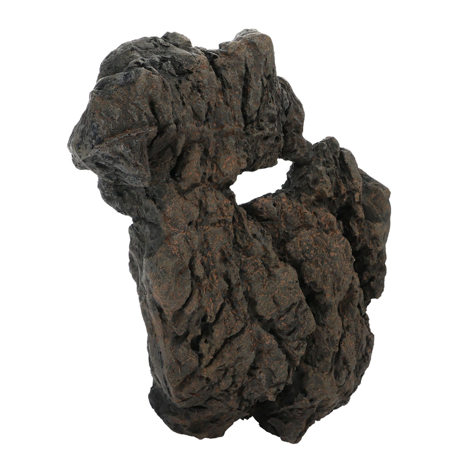 Natürliche Felsdekoration. Dunkelbraune, strukturierte Oberfläche mit unregelmäßigen Formen und einem Loch. Für Terrarien und Aquarien.