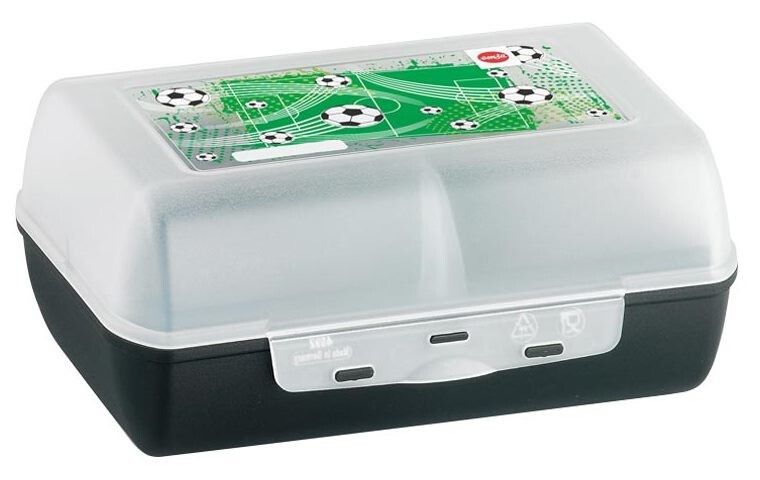 Brotdose mit Fußballfeld-Motiv. Schwarzer Boden, transparenter Deckel. Zwei Fächer. EMSA-Logo.