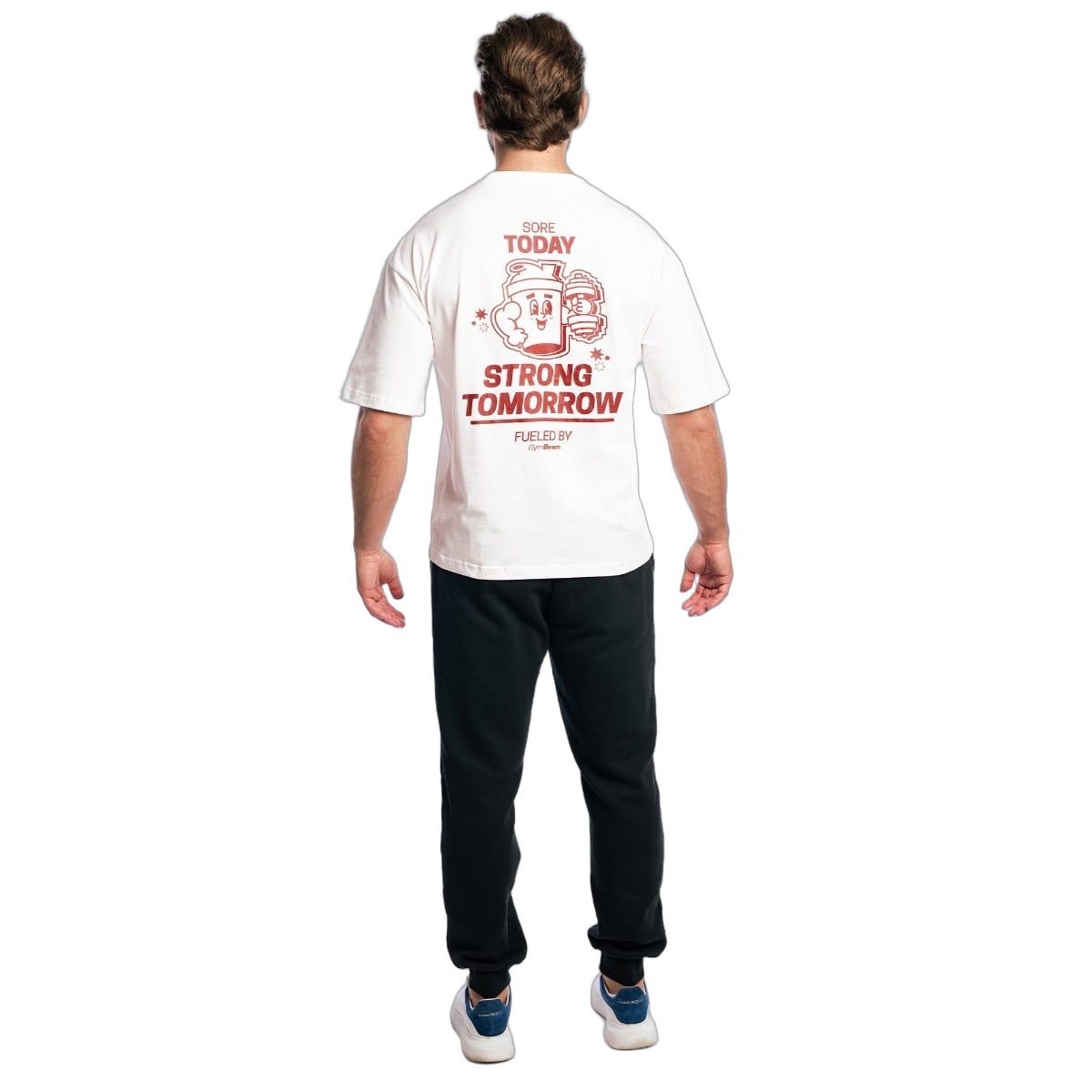 Herren Boxy-Oversized T-Shirt in Weiß, Rückansicht, mit rotem Print auf dem Rücken.