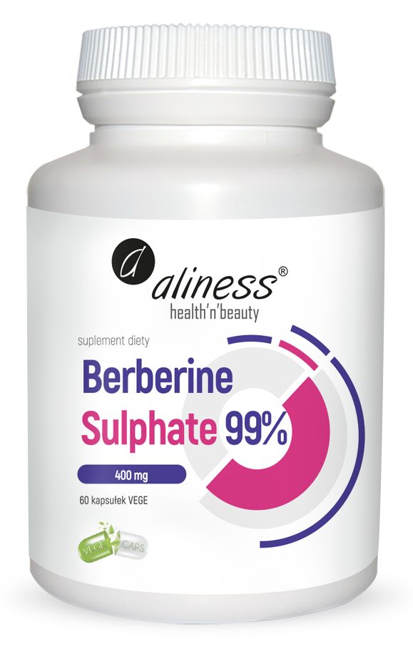 Weiße Flasche mit Schraubverschluss. Aufschrift: Aliness, Berberine Sulphate 99%, 400 mg, 60 Kapseln. Grafik mit Kapsel-Symbol.