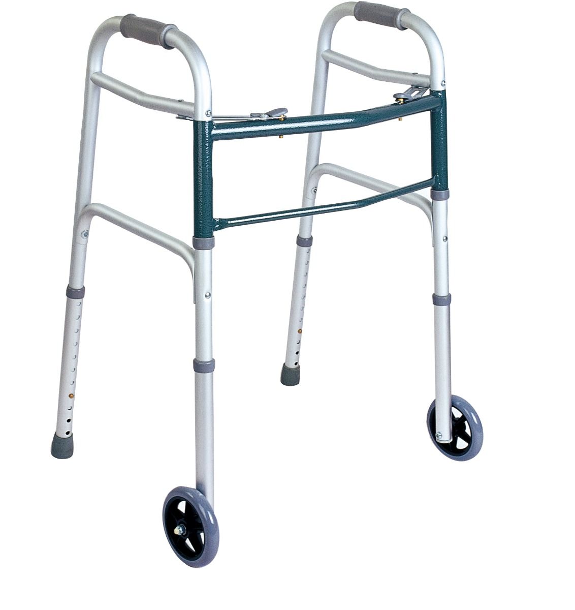 Gehhilfe aus Aluminium mit zwei Rädern und zwei Spitzen. Silberfarbenes Gestell, graue Räder und Handgriffe.