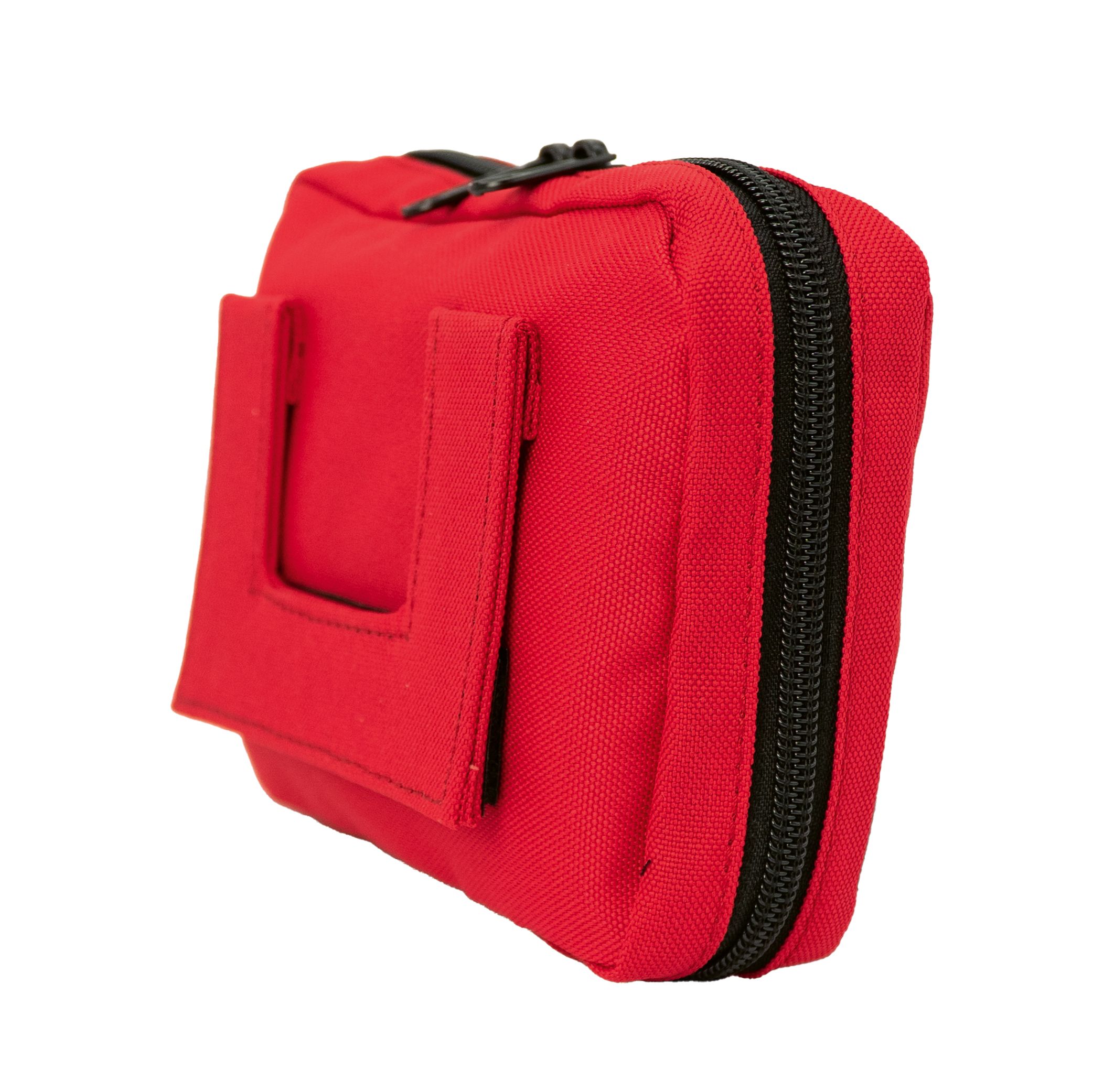 Rote Erste Hilfe Tasche mit schwarzem Reißverschluss. Seitliche Ansicht mit Befestigungsschlaufe.