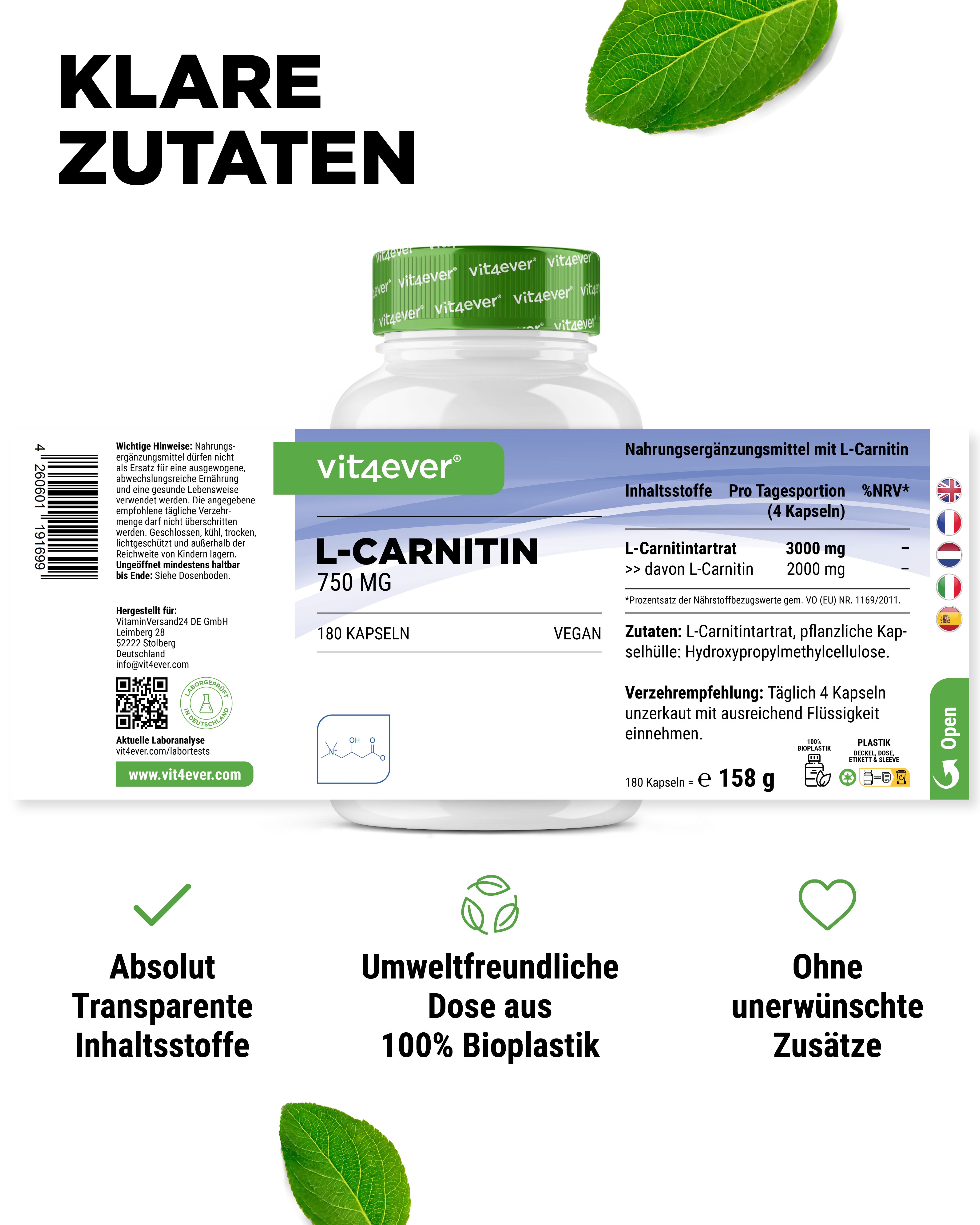 Weiße Flasche mit grünem Deckel. Aufschrift: vit4ever L-Carnitin 750 mg. 180 Kapseln. Vegan. Transparente Inhaltsstoffe. Umweltfreundliche Dose.