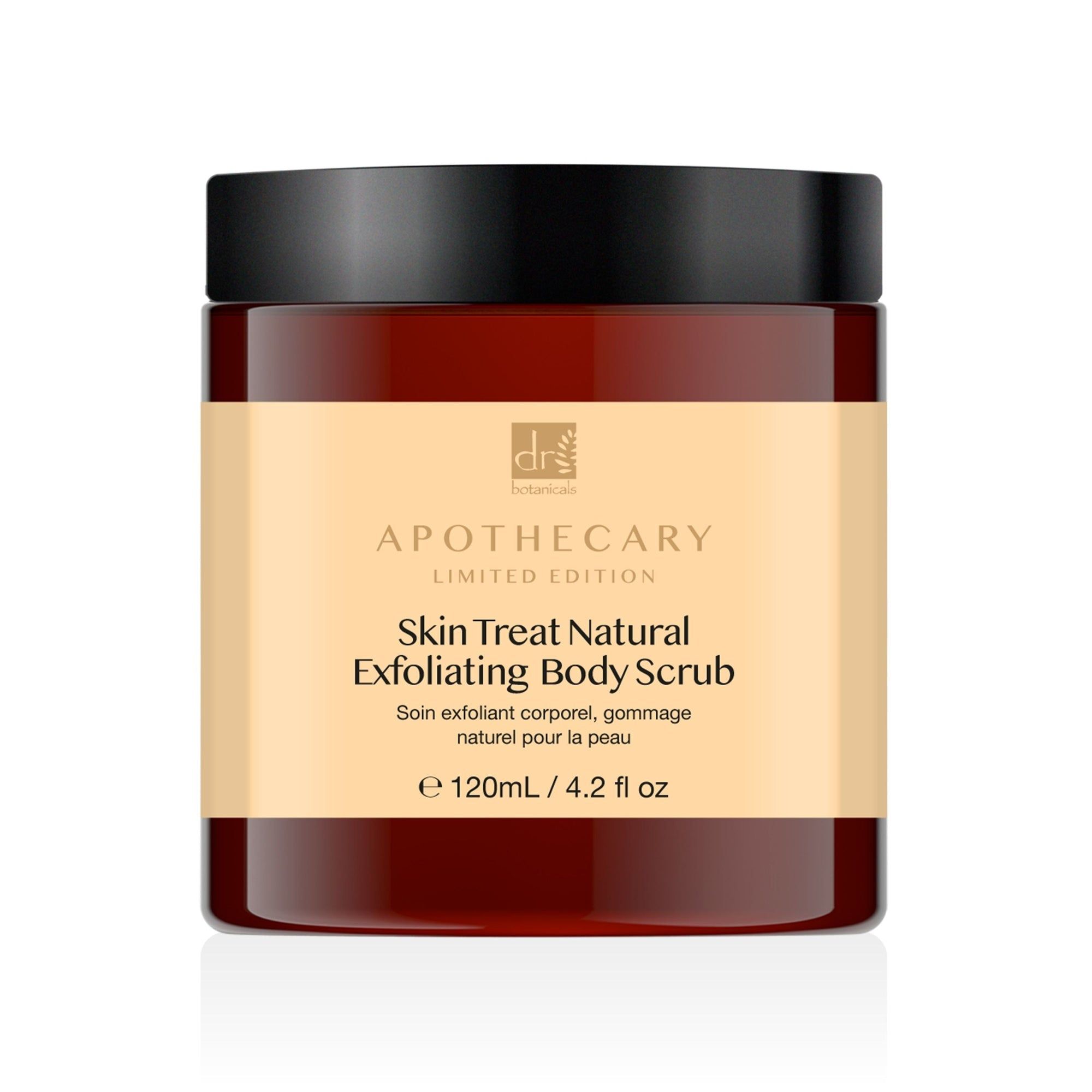 Braune Glasdose mit schwarzem Deckel. Etikett mit Produktnamen und Text. Apothecary Limited Edition. 120ml/4.2 fl oz.