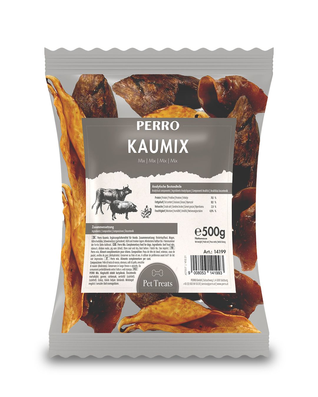 Verpackung mit Kausnacks für Hunde. Aufdruck: PERRO KAUMIX, Mix. Inhalt: 500g. Abbildung von Rind und Schwein. Zutatenliste und Barcode.