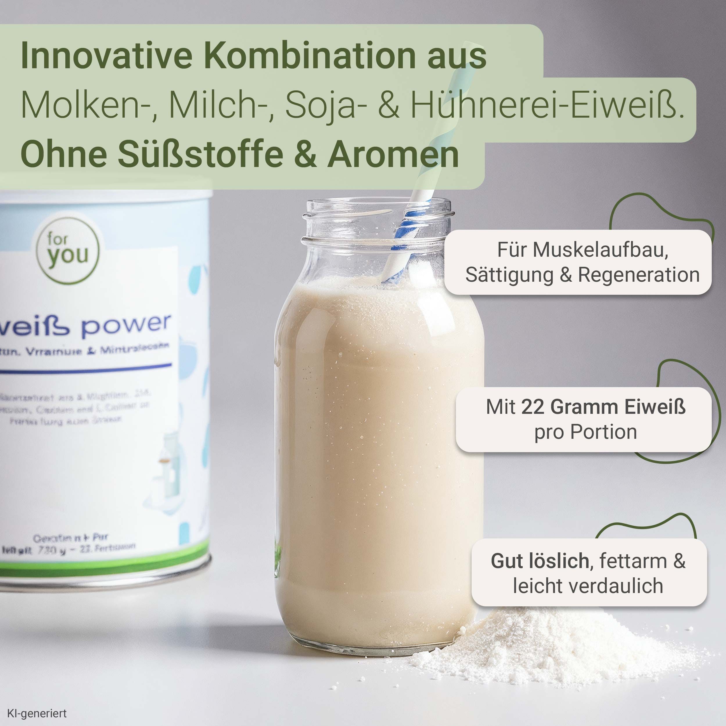Eiweißpulver in einem Glas und Dose, mit aufgeschüttetem Pulver und Text-Hinweisen zu Inhaltsstoffen und Vorteilen.