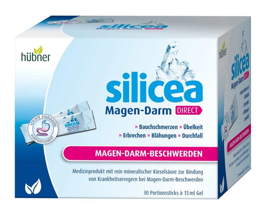 Verpackung von Hübner Silicea Magen-Darm Direkt. Weißer Karton mit Produktnamen und Logo. Einzelne Portionssticks sind sichtbar.