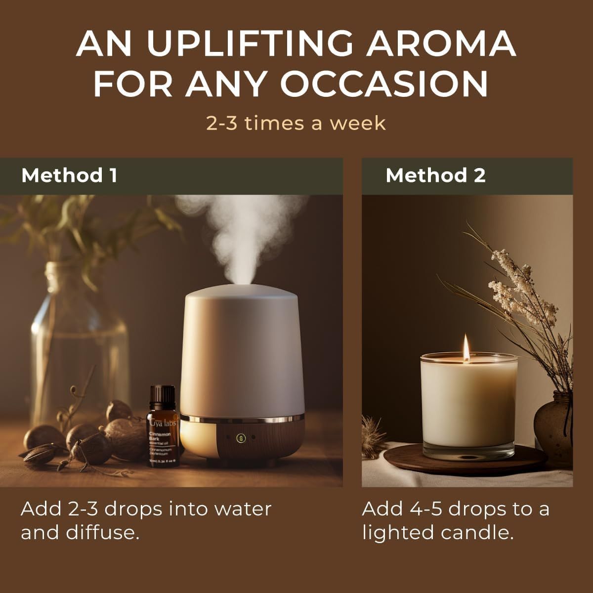 Diffusor und Kerze. Text: An uplifting aroma for any occasion. Methoden: 1. Diffusor, 2. Kerze. Gya Labs Zimtöl-Flasche.