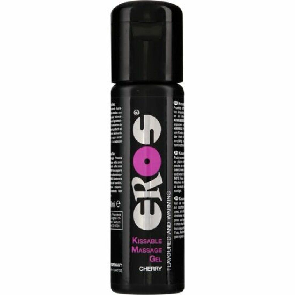 Schwarze Flasche mit schwarzem Deckel. Aufschrift: EROS, Kissable Massage Gel, Cherry.