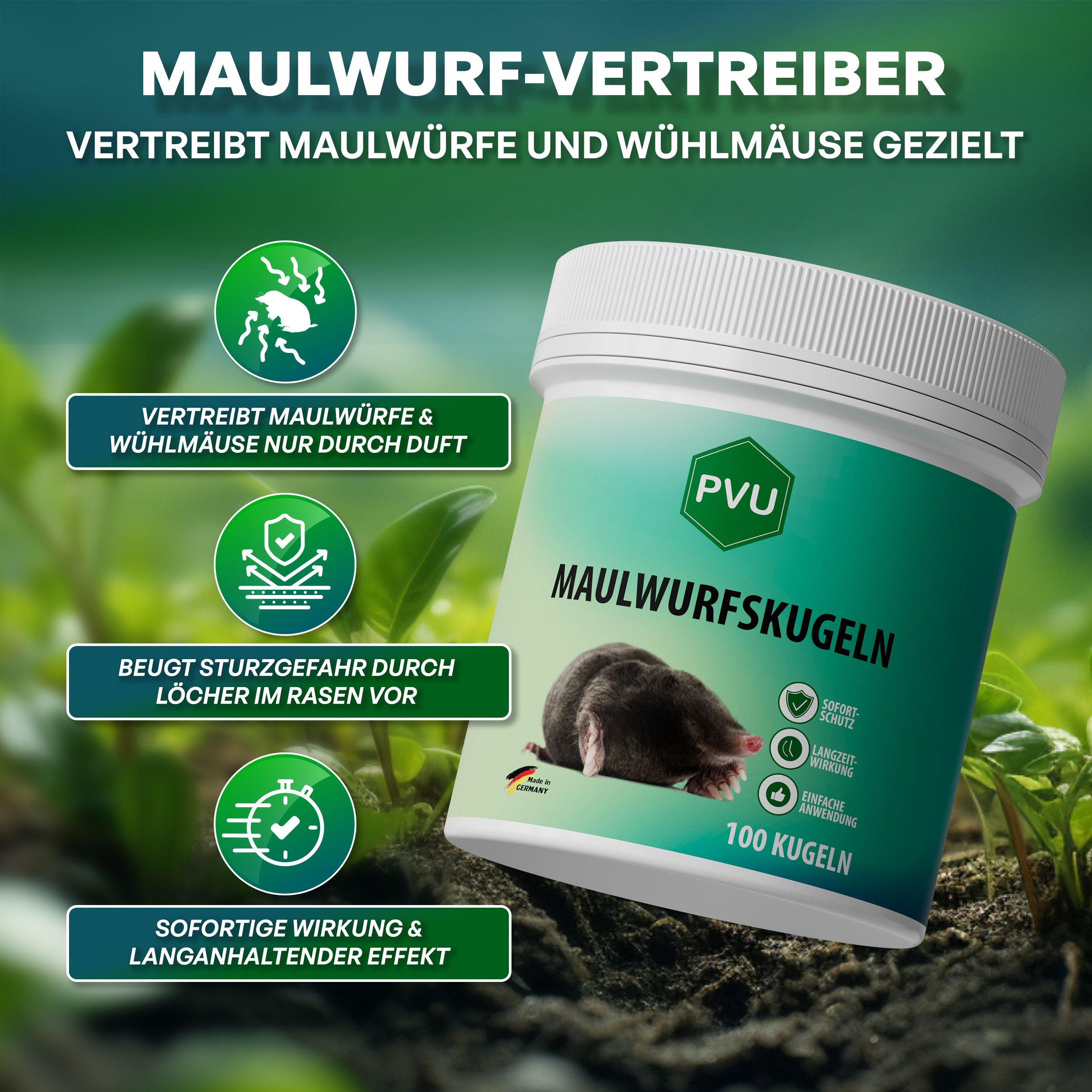 Grüner Behälter mit Text: MAULWURFSKUGELN. Abbildung eines Maulwurfs. Text: Vertreibt Maulwürfe und Wühlmäuse.