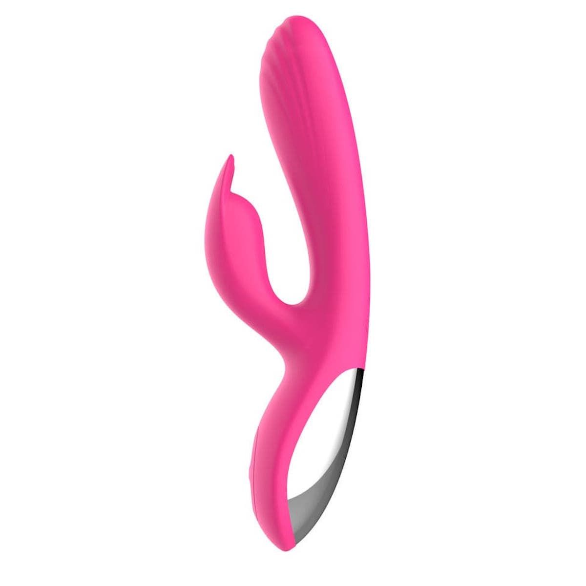 Rosa Vibrator mit Kaninchenohren-Design. Mit gebogener Form und silberfarbenem Akzent.