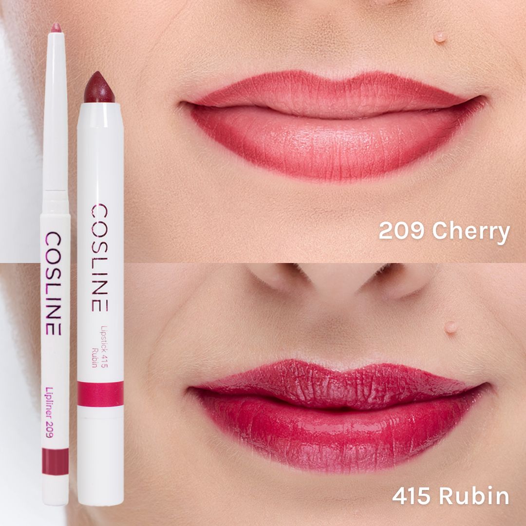 Vergleich von zwei Lippenstiften und deren Farbergebnissen auf Lippen.