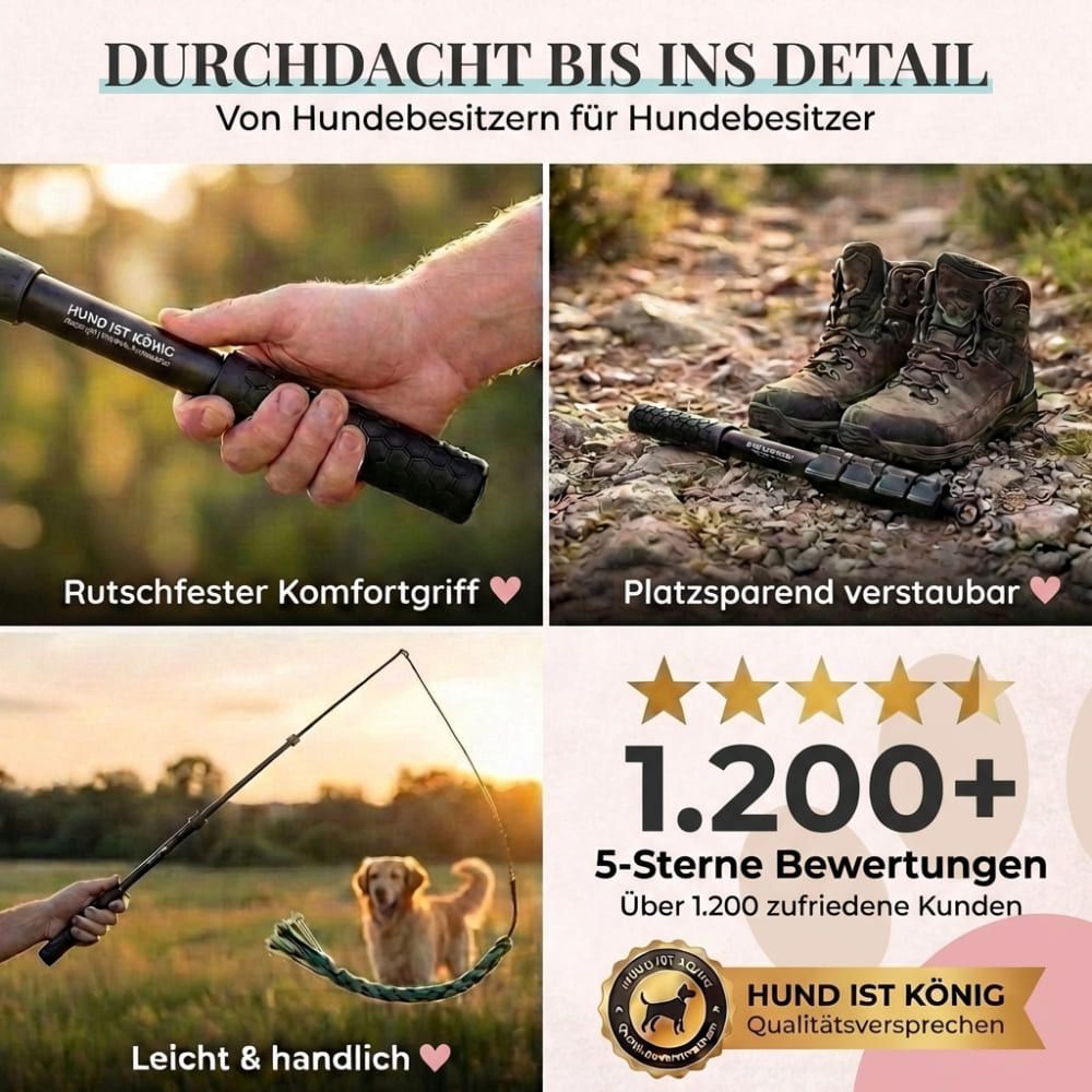Reizangel mit rutschfestem Griff. Platzsparend verstaubar. Hund spielt mit Köder. Logo: HUND IST KÖNIG. 1.200+ 5-Sterne Bewertungen.