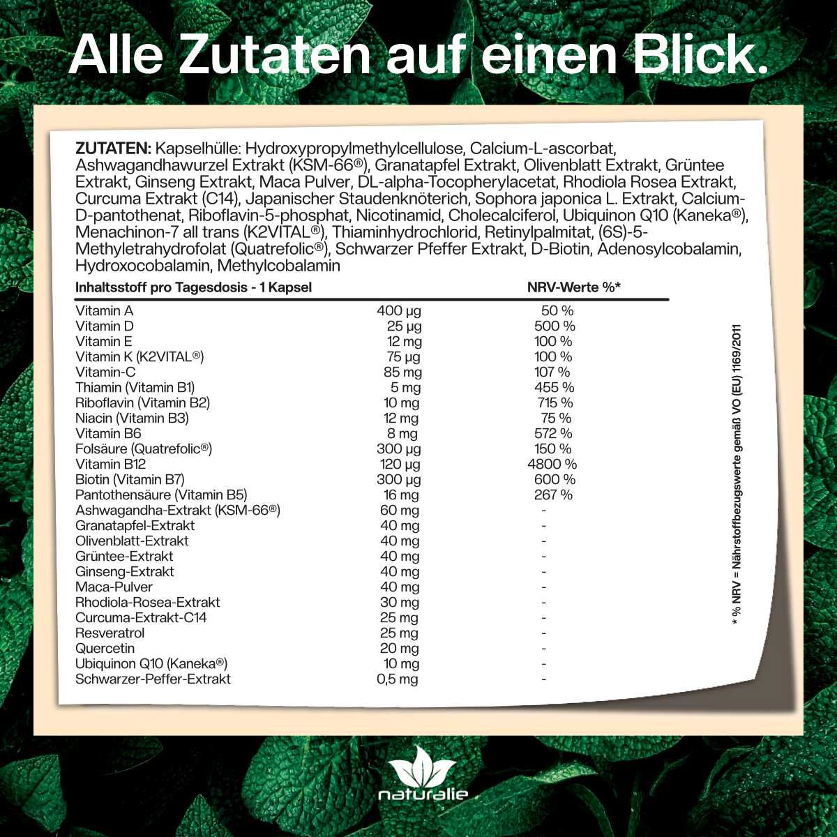 Liste der Inhaltsstoffe und Nährwertangaben für Zellplus Multivitamin-Komplex, detailliert aufgeführt.