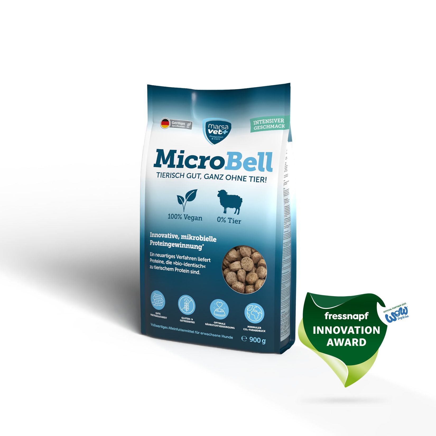 Hundefutterbeutel. Aufdruck: MicroBell, 100% vegan, 0% Tier. Braune Kroketten. Auszeichnung: Fressnapf Innovation Award. Inhalt: 900g.