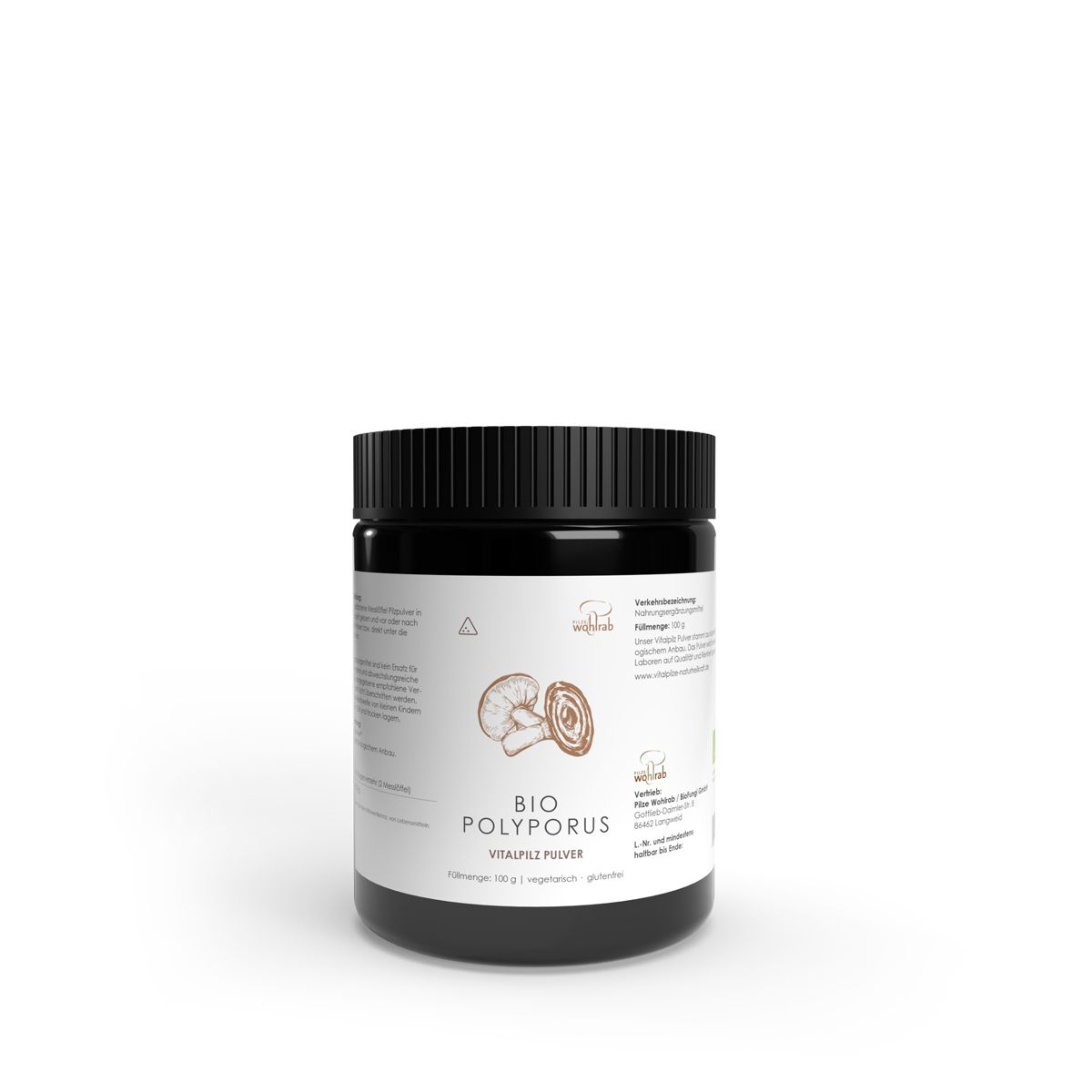 Schwarzes Glas mit weißem Etikett. Aufschrift: BIO POLYPORUS PULVER. Illustration von Pilzen. Deckel mit Schriftzug.