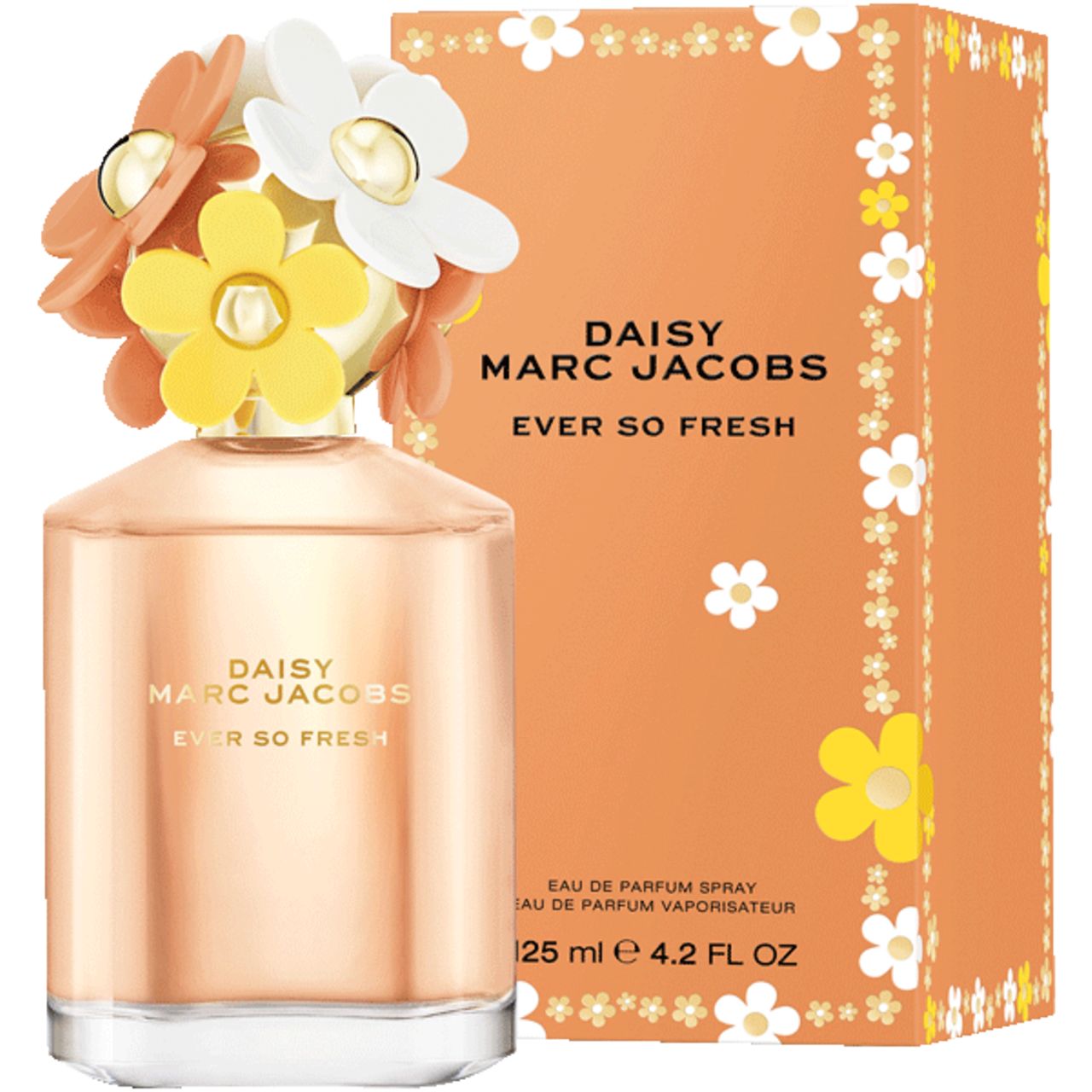 Parfümflasche und Karton. Flasche mit Blüten auf dem Deckel. Aufschrift: Daisy Marc Jacobs Ever so Fresh. Karton: orange mit Blumen.