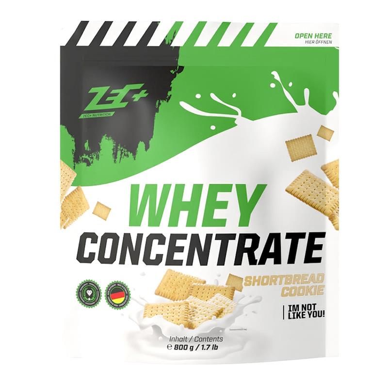 ZEC+ Whey Concentrate Butterkeks-Beutel. Grün-weißes Design mit Produktnamen und Keksen. Enthält 800 g.
