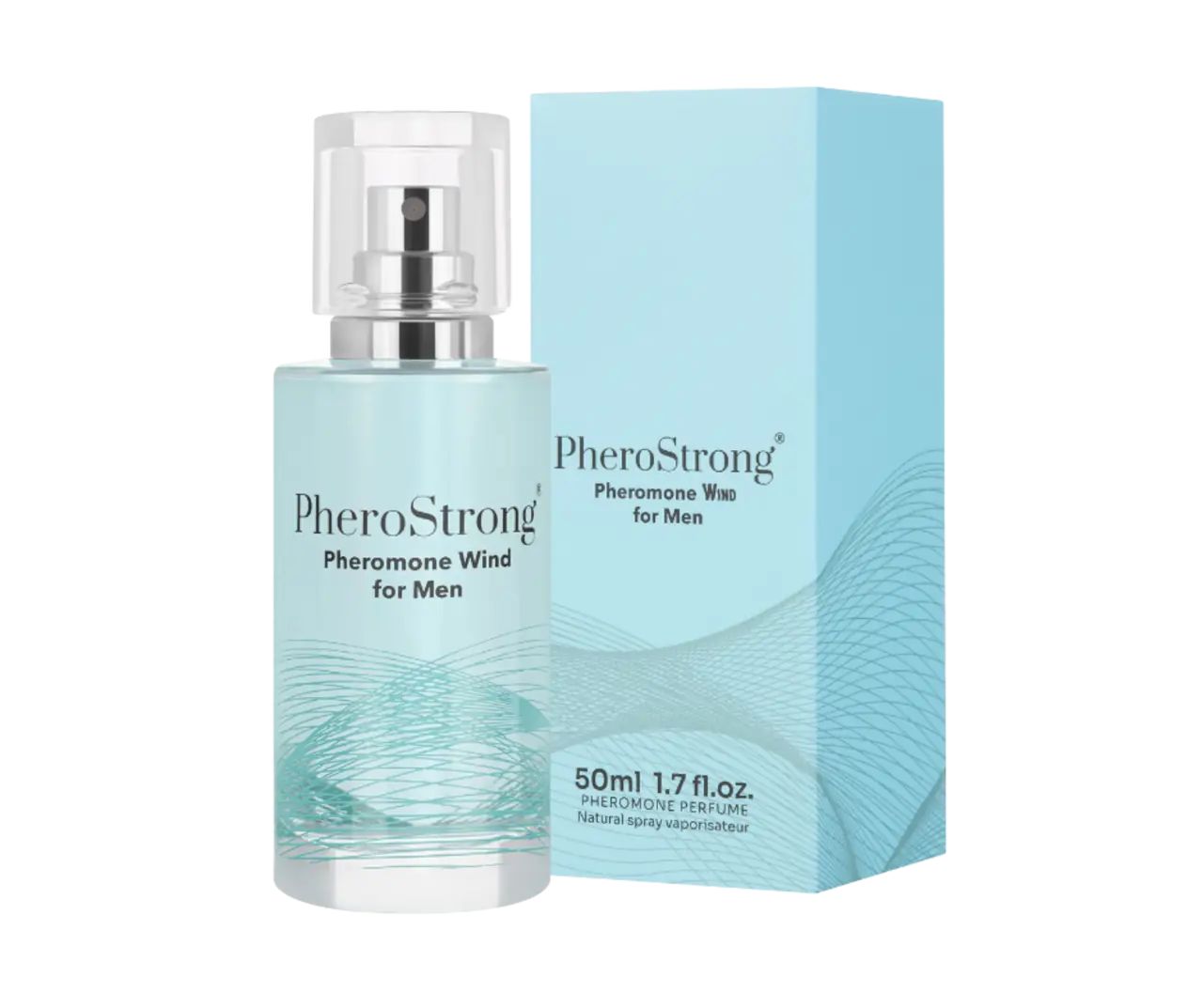 Hellblaues Flakon und Verpackung. Aufschrift: PheroStrong Pheromone Wind for Men. Wellenmuster. 50ml.