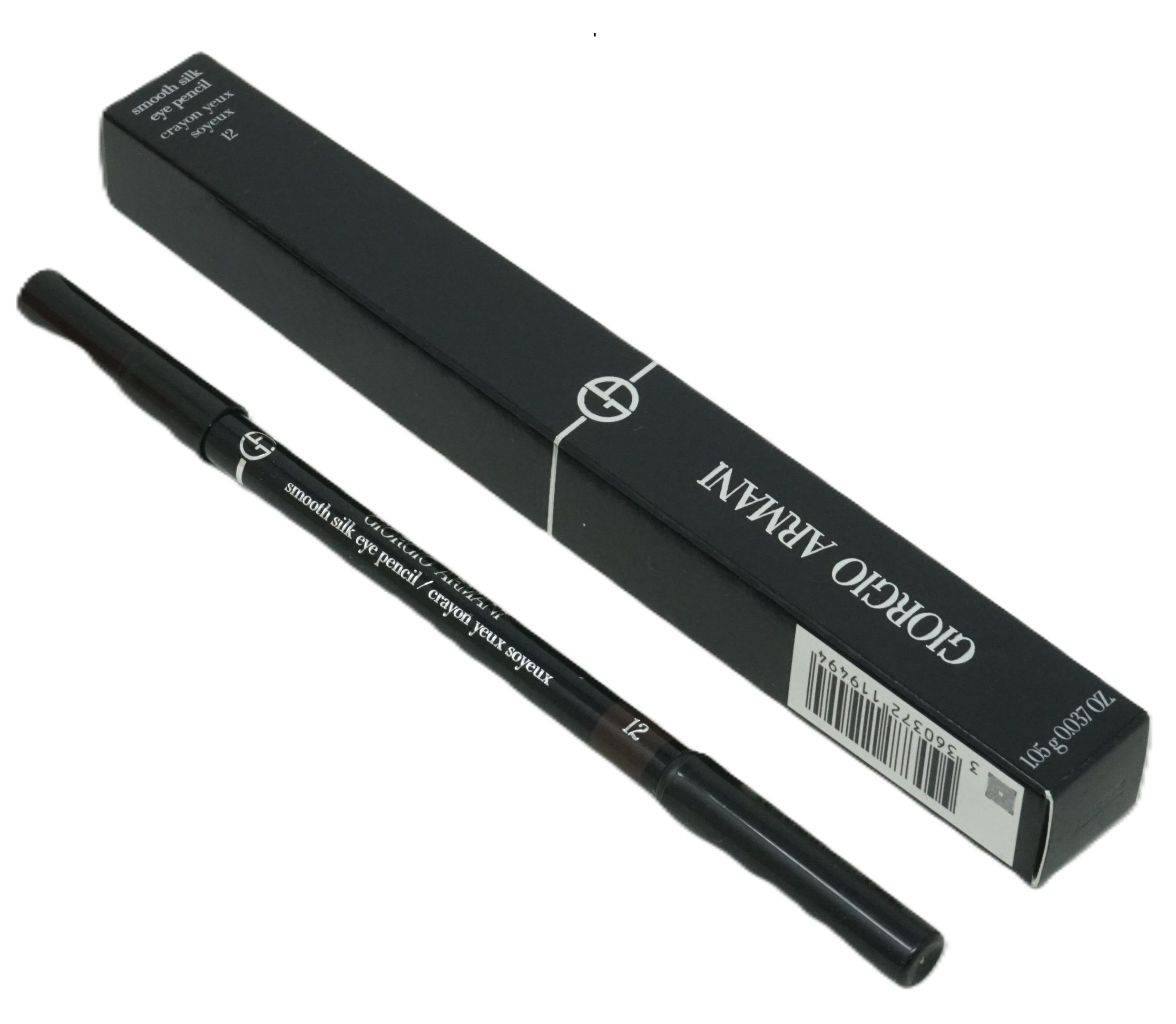 Schwarzer Giorgio Armani Smooth Silk Eye Pencil 12 und Verpackung. Aufschrift: Giorgio Armani, smooth silk eye pencil, 12.