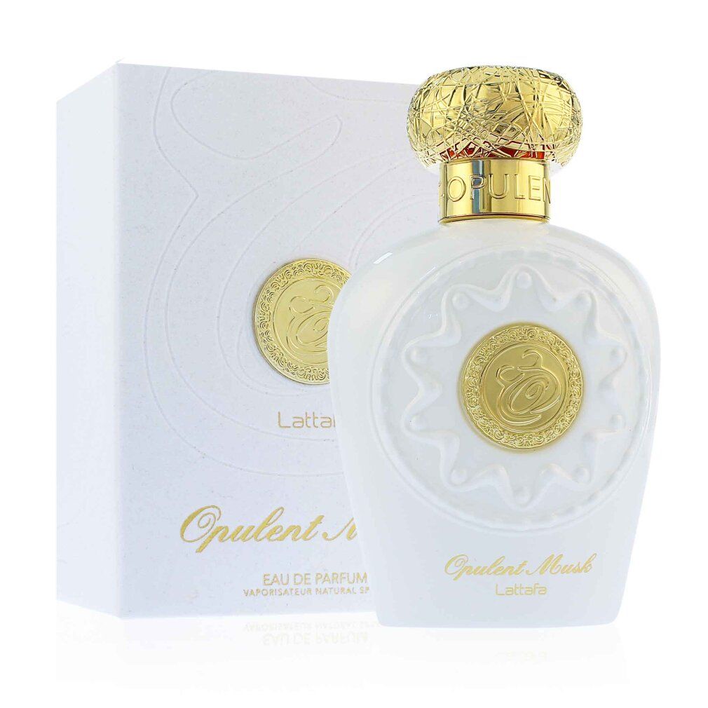 Parfumflasche und Verpackung. Flasche weiß mit goldenem Deckel. Verpackung weiß mit Logo. Aufschrift: Opulent Musk, Lattafa.