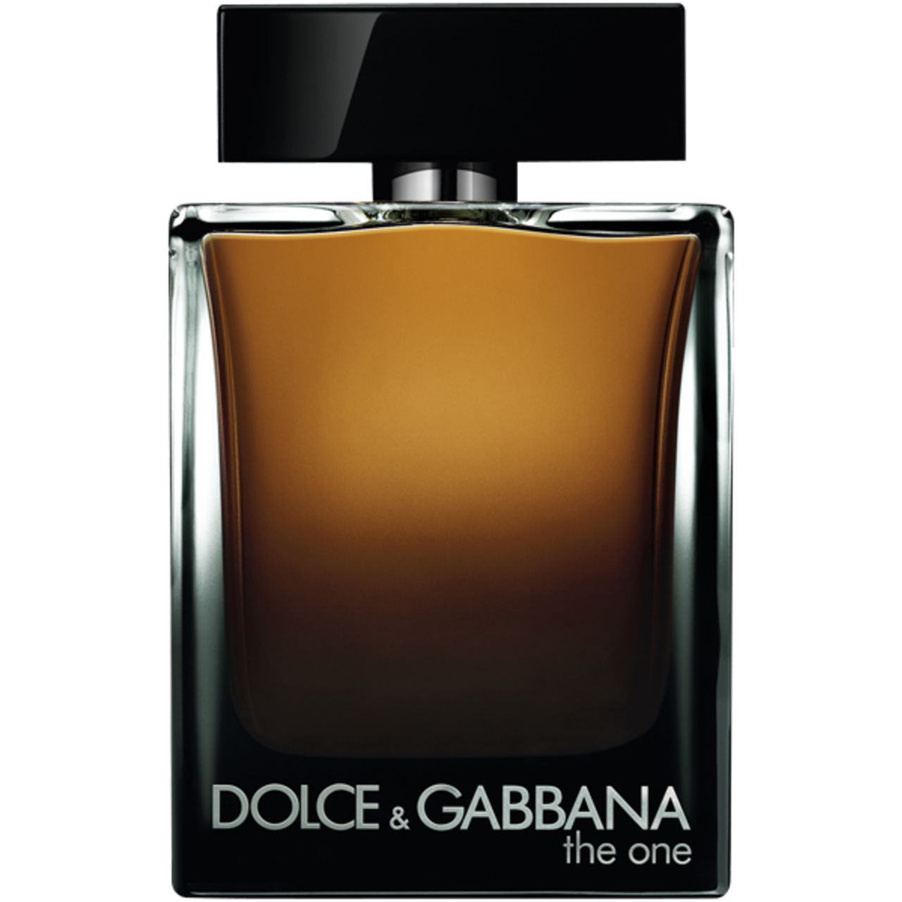 Dunkelbrauner Flakon von Dolce & Gabbana The One For Men EdP Nat. Spray. Schwarzer Verschluss, rechteckige Form, Markenname unten.