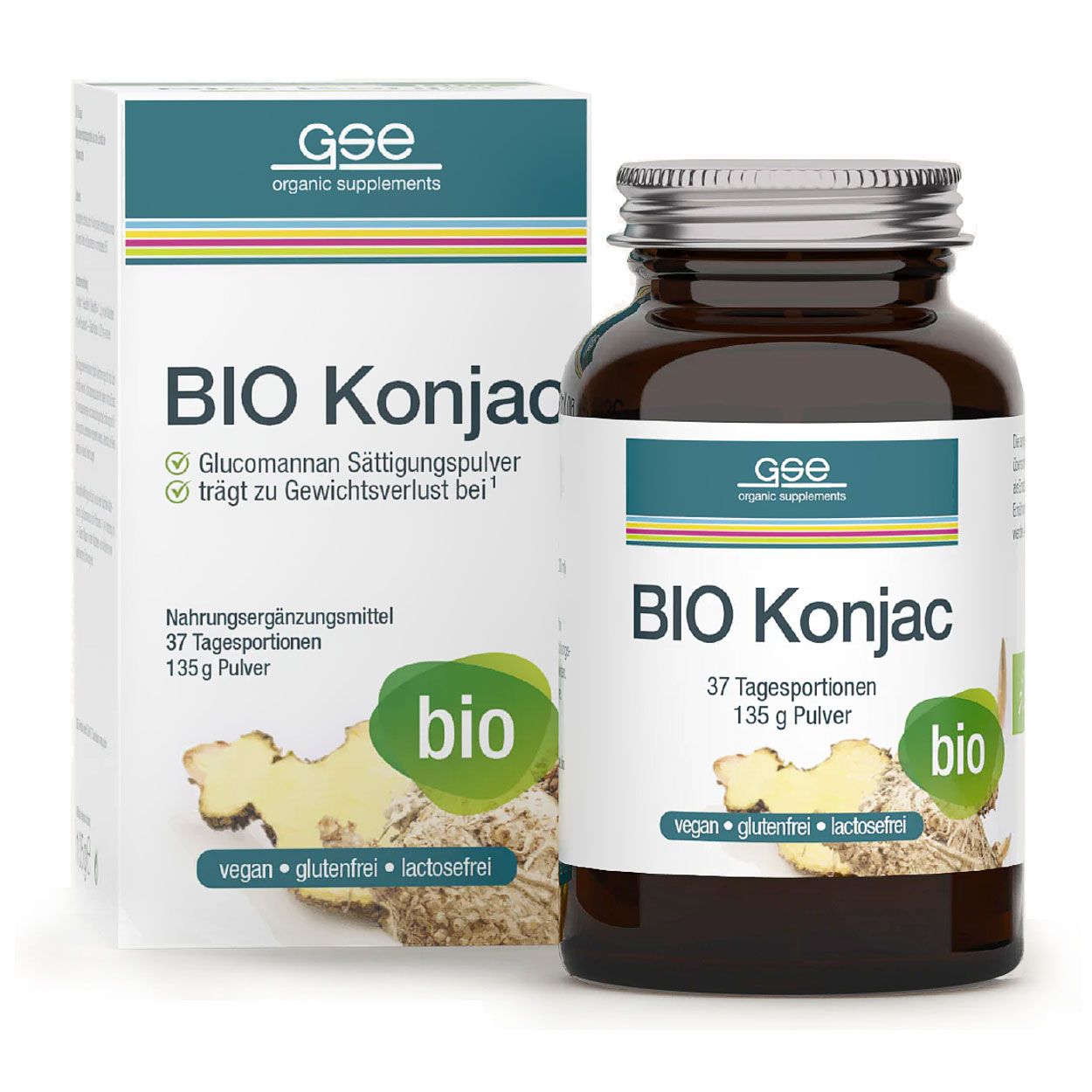 Braune Glasflasche und Karton mit Aufschrift BIO Konjac. Beide zeigen das GSE-Logo und die Kennzeichnung "bio". Aufschrift: 37 Tagesportionen, 135 g Pulver.