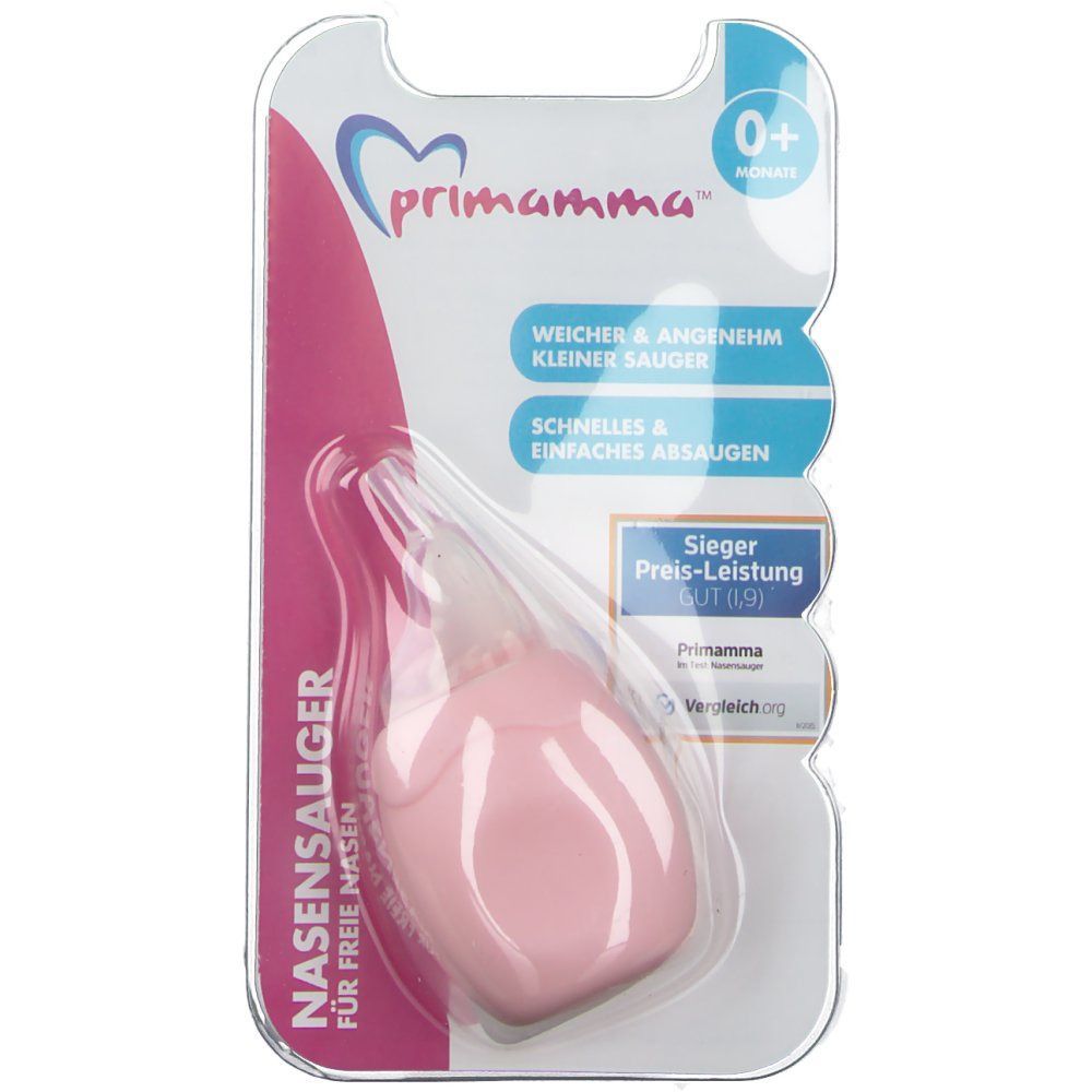 Nasensauger rosa in Blisterverpackung. Produktname und Logo 'primamma' sichtbar. Text: 'Für freie Nasen'. Auszeichnung 'Sieger Preis-Leistung'.