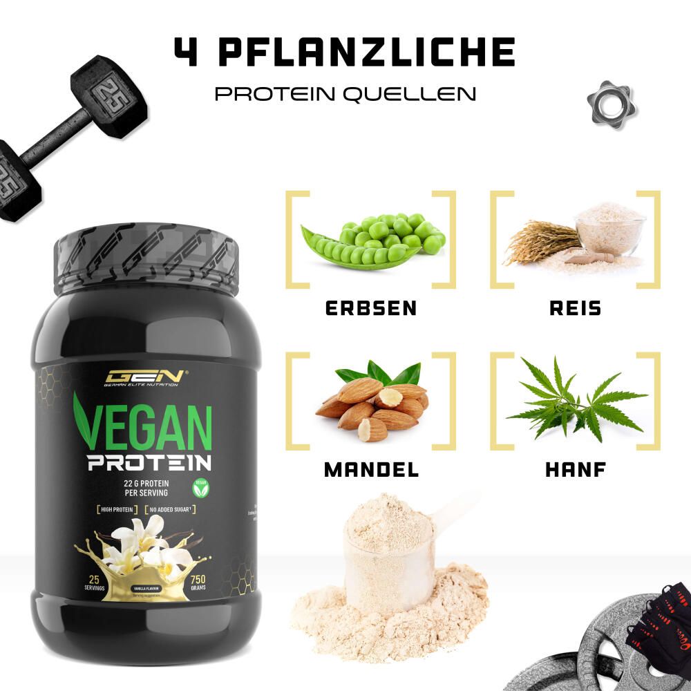 GEN Vegan Protein Dose, 4 pflanzliche Proteinquellen: Erbsen, Reis, Mandeln, Hanf. Löffel mit Pulver.