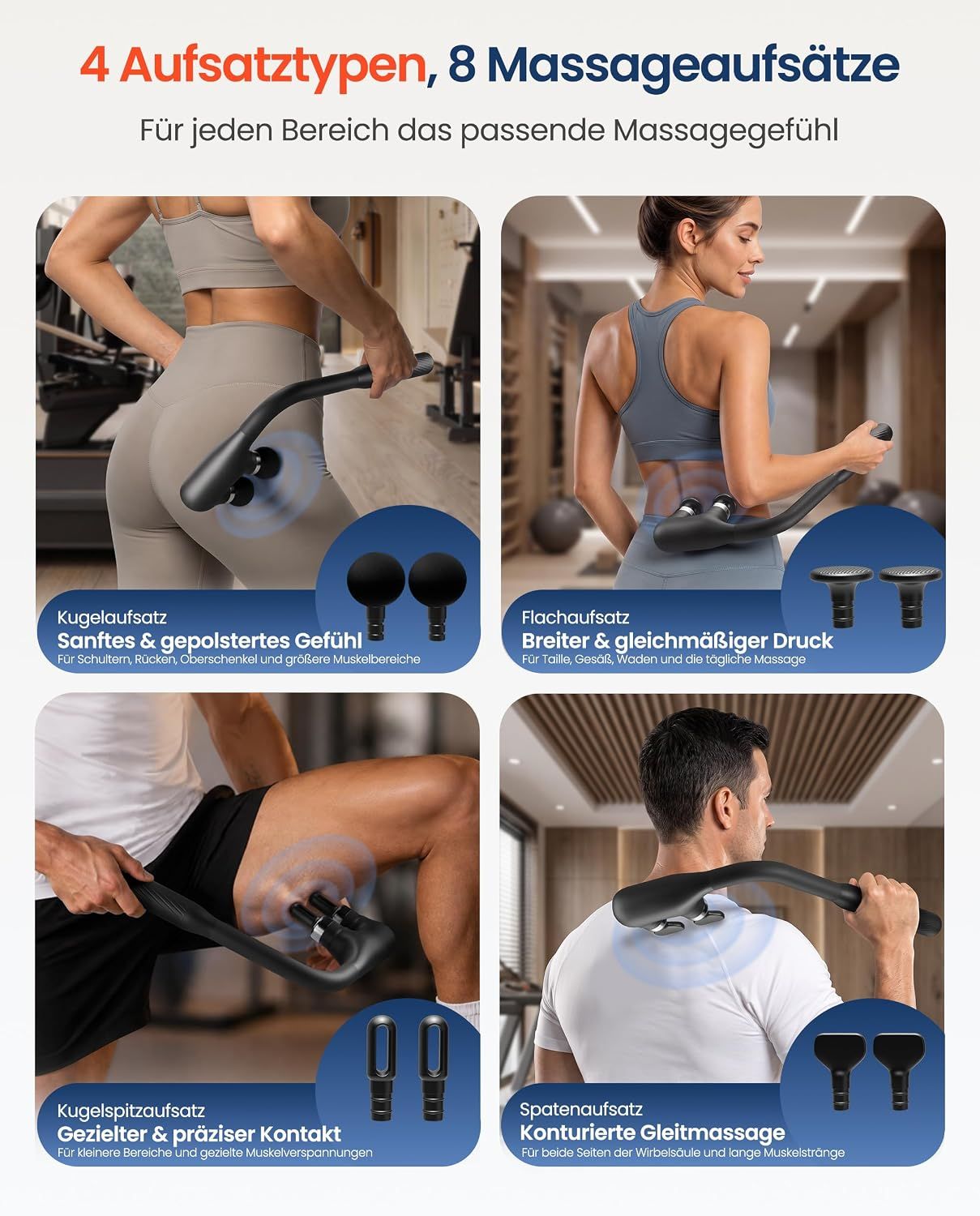 Vier Aufsatztypen, acht Massageaufsätze für verschiedene Körperbereiche.
