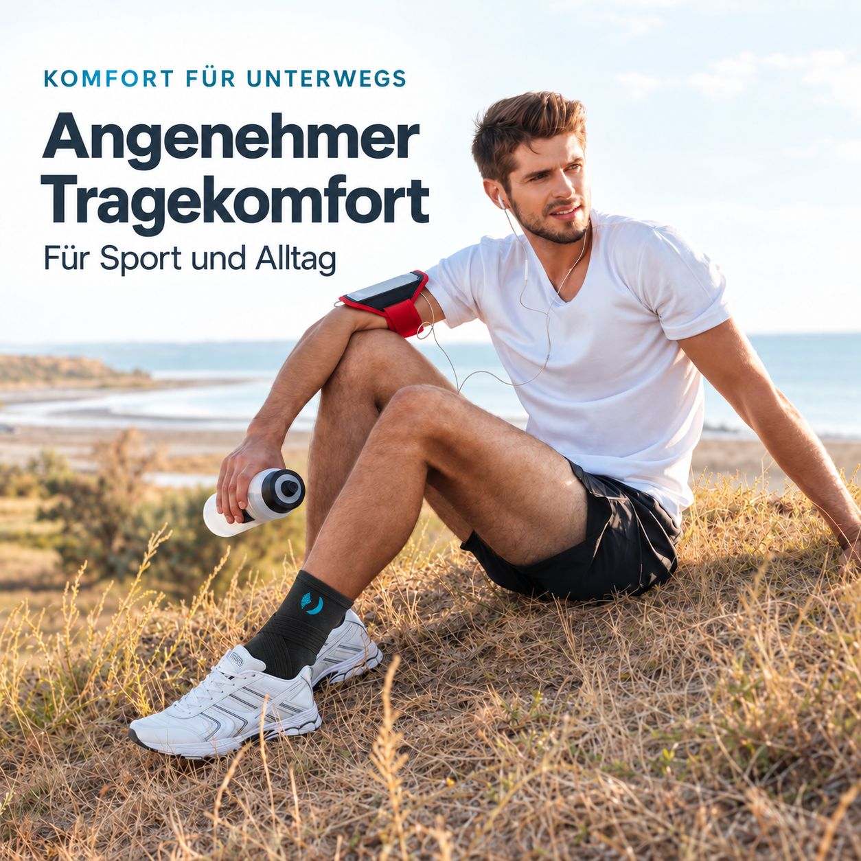 Mann mit Kompressionssocken, Sport-Armband und Wasserflasche sitzt im Freien.
