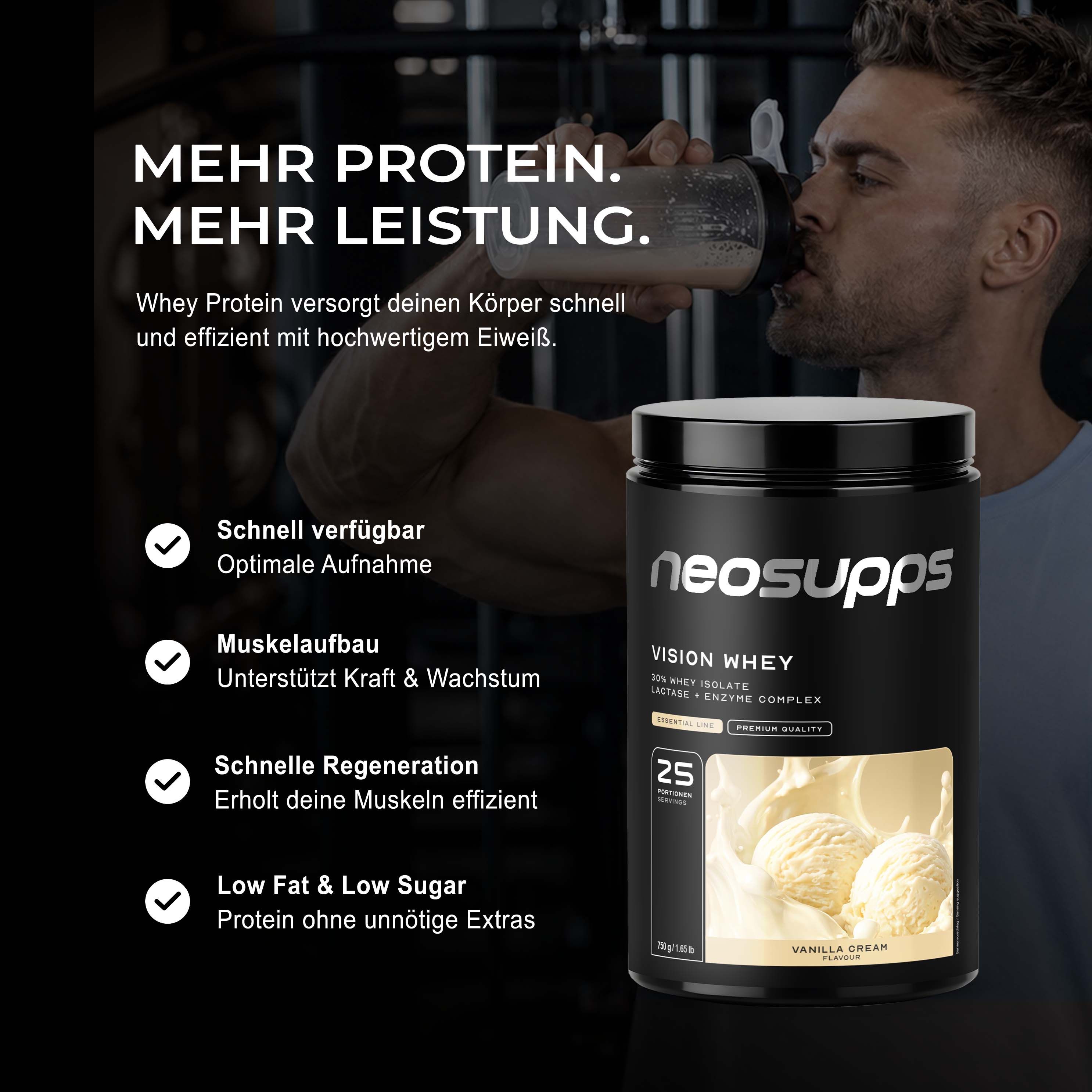 Neosupps Vision Whey Vanilla Cream, 750g, Eiweiss Protein Pulver, zum Muskelaufbau und Abnehmen