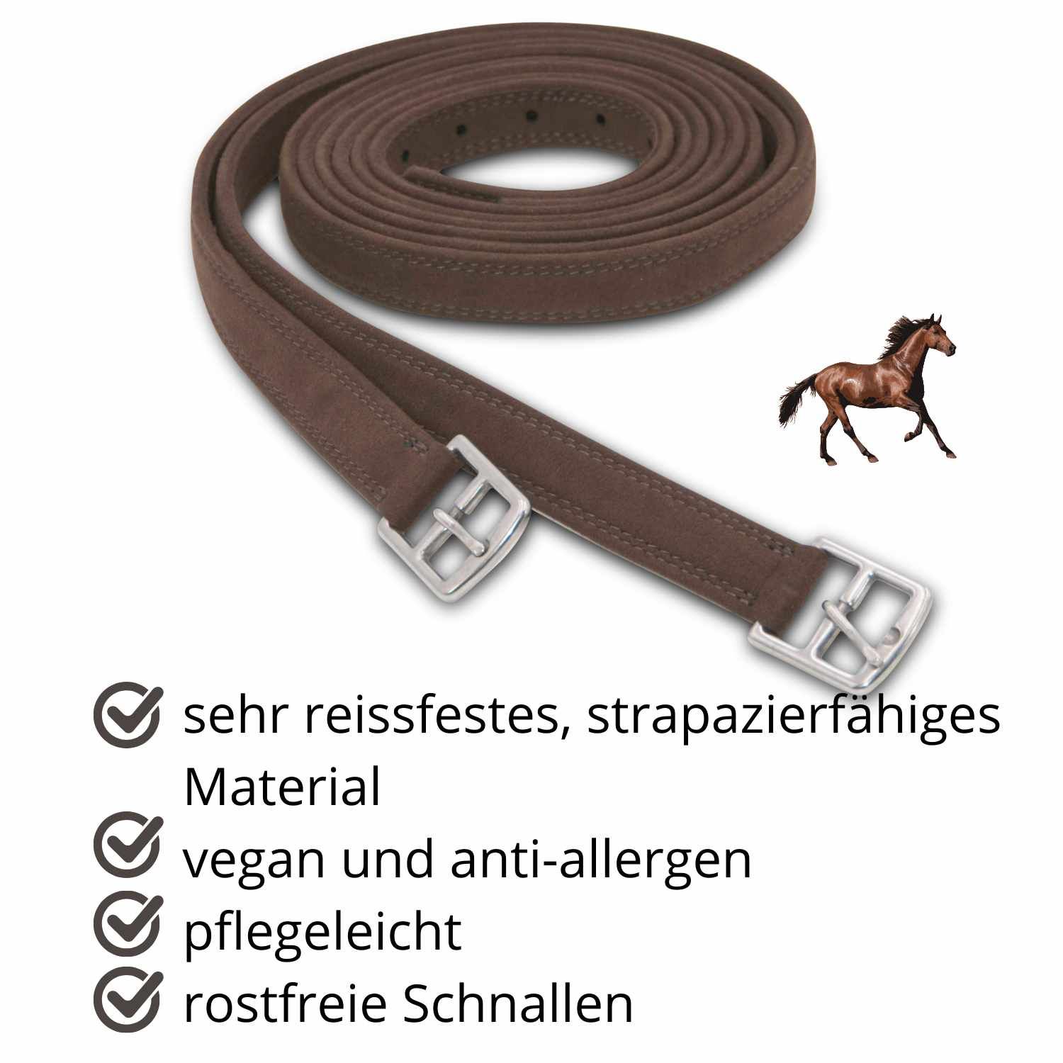 Braune Steigbügelriemen mit silberfarbenen Schnallen. Text: sehr reissfestes, strapazierfähiges Material, vegan und anti-allergen, pflegeleicht, rostfreie Schnallen.
