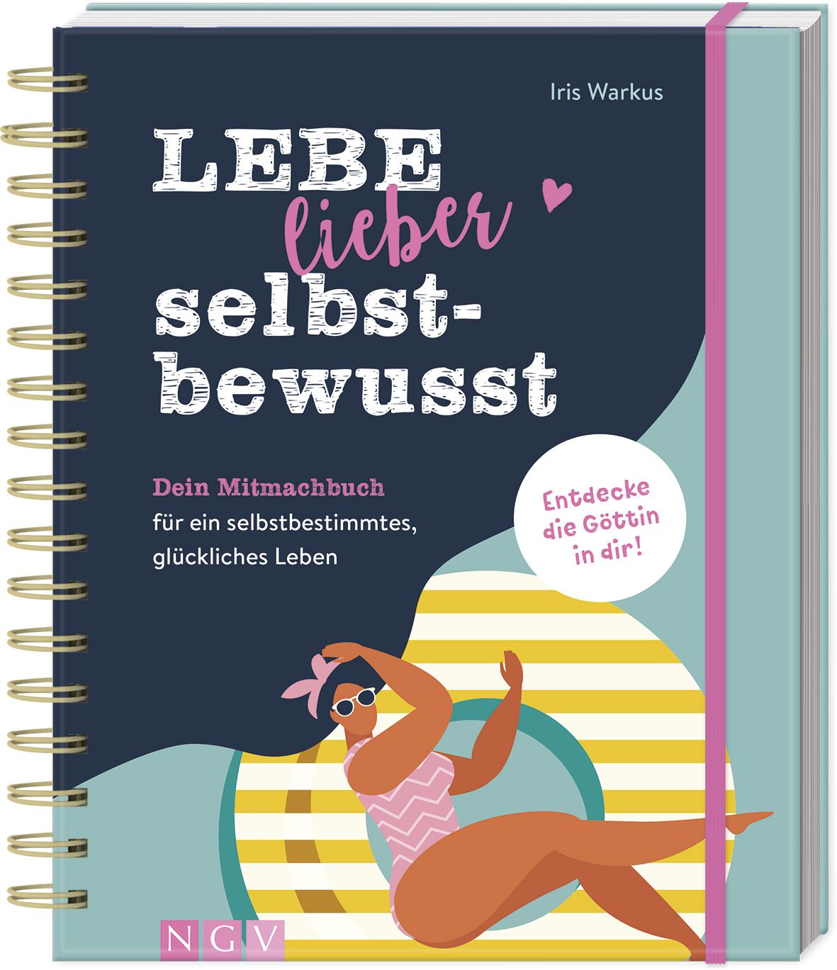 Spiralgebundenes Buch mit dem Titel "LEBE lieber selbstbewusst". Auf dem Cover eine Illustration einer Frau und Text. Rosa Gummiband.