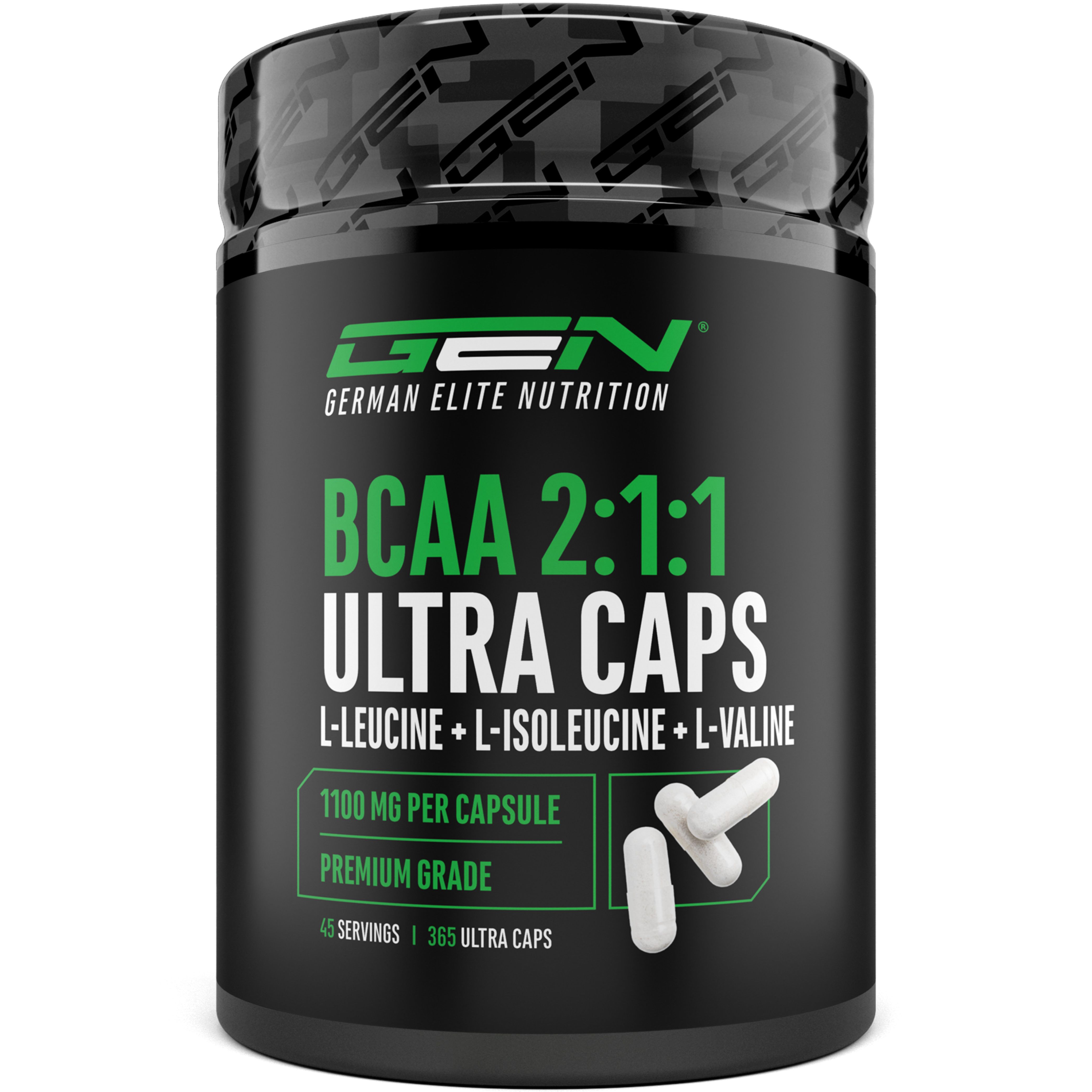 GEN BCAA 2:1:1 Ultra Caps. Schwarze Dose mit weißen Kapseln. 1100 mg pro Kapsel. Premium Grade. 45 Portionen, 365 Ultra Caps.