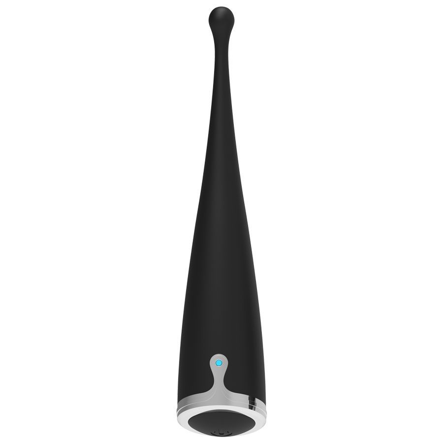 Schwarzer Silikon-Vibrator mit silbernem Ring und blauer LED.