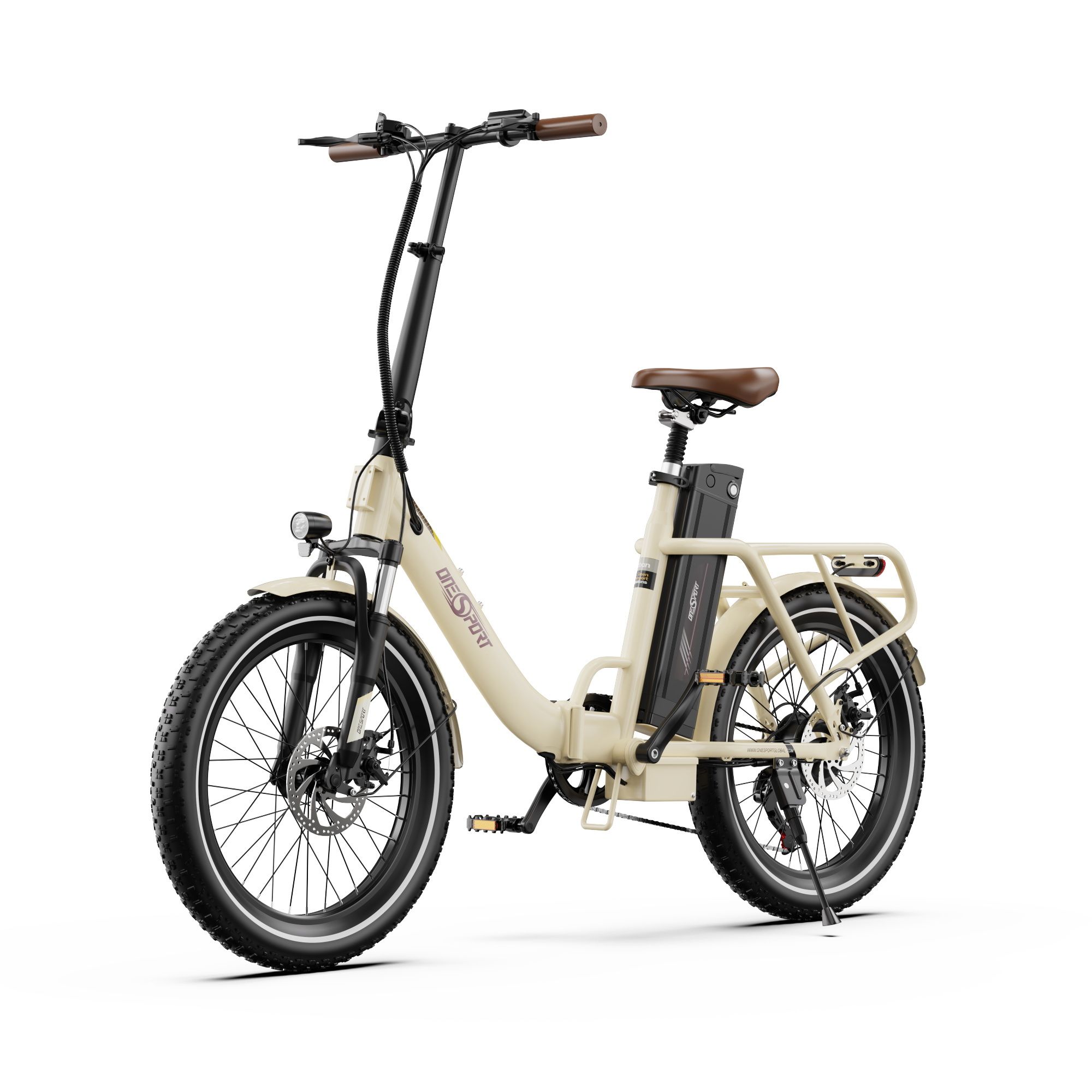 Elektrofahrrad, Seitenansicht. Beige Rahmen, brauner Sattel und Reifen. Schwarzer Motor und Gepäckträger. ONESPORT.