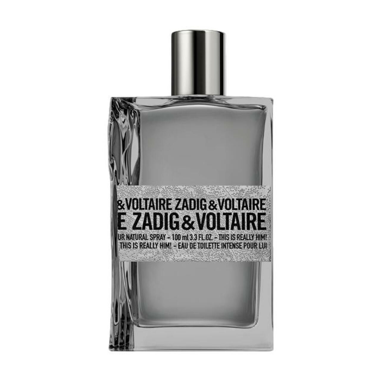 Grauer Flakon mit silbernem Verschluss. Aufschrift: Zadig & Voltaire, This Is Really Him! EdT Intense.