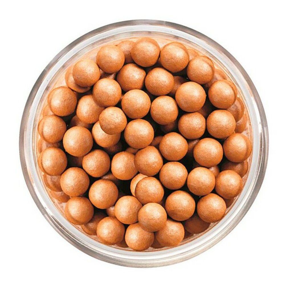 Runde, bronzefarbene Perlen in einem transparenten Glasbehälter. Draufsicht.