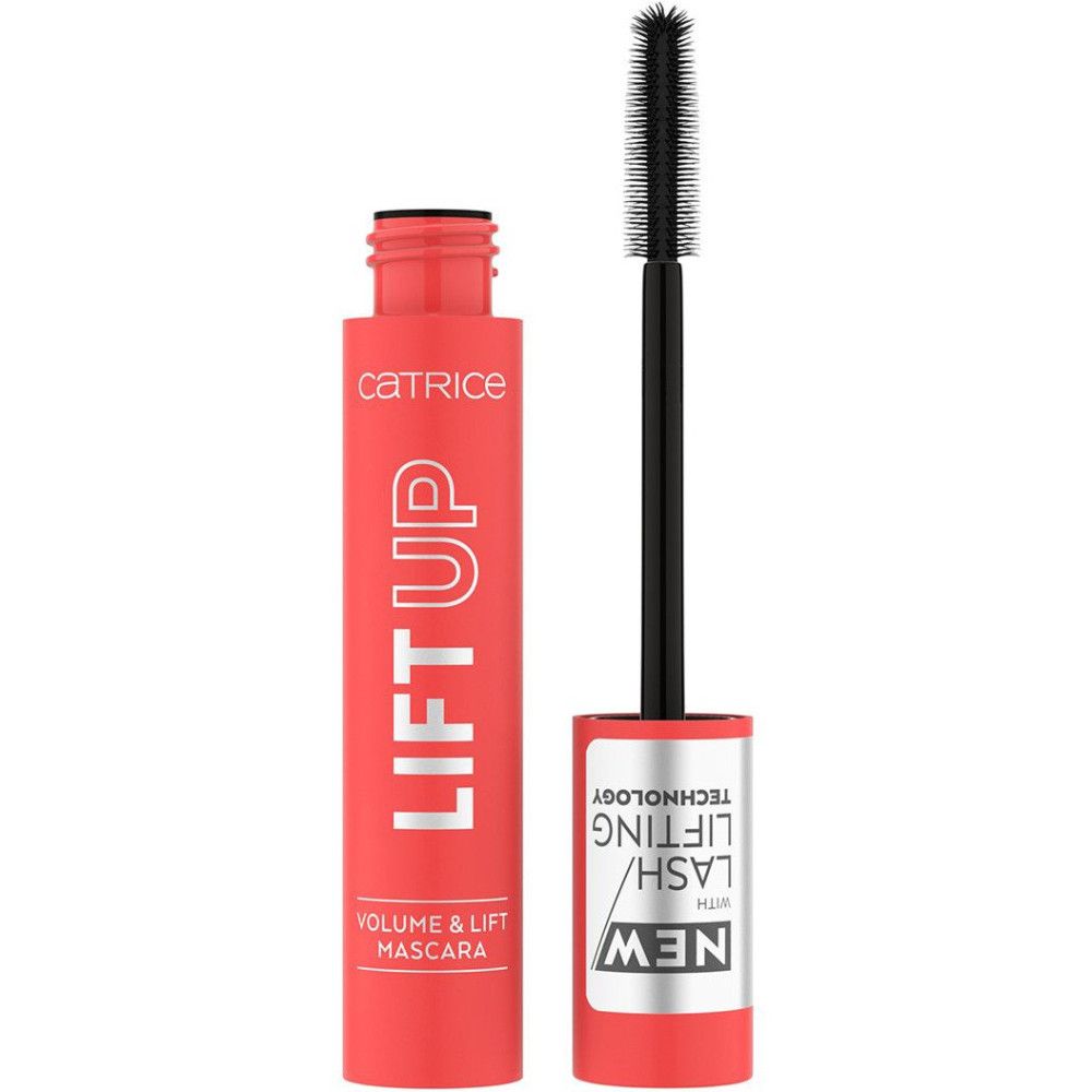 Rote Mascarahülse mit Bürste. Aufschrift: Catrice, Lift Up, Volume & Lift Mascara. Mit "NEW" und "LASH/LIFTING TECHNOLOGY" Aufkleber.