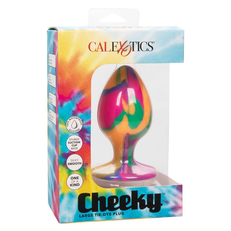Analplug mit Saugnapf in Verpackung. Mehrfarbiges Design. Marke Calexotics. Text: Cheeky, Large Tie-Dye Plug.