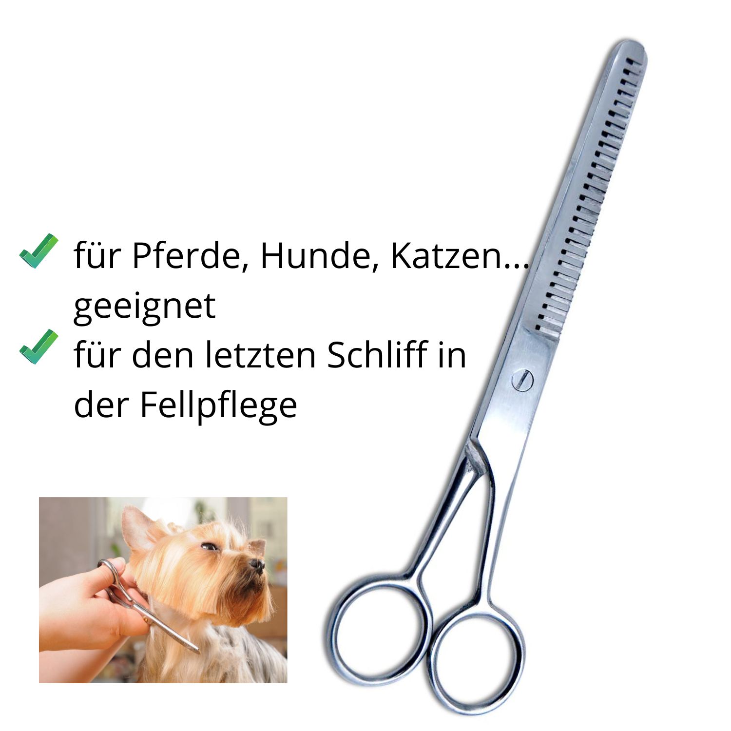 Effilierschere aus Metall. Einseitig gezahnt. Text: Geeignet für Pferde, Hunde, Katzen. Für den letzten Schliff in der Fellpflege.