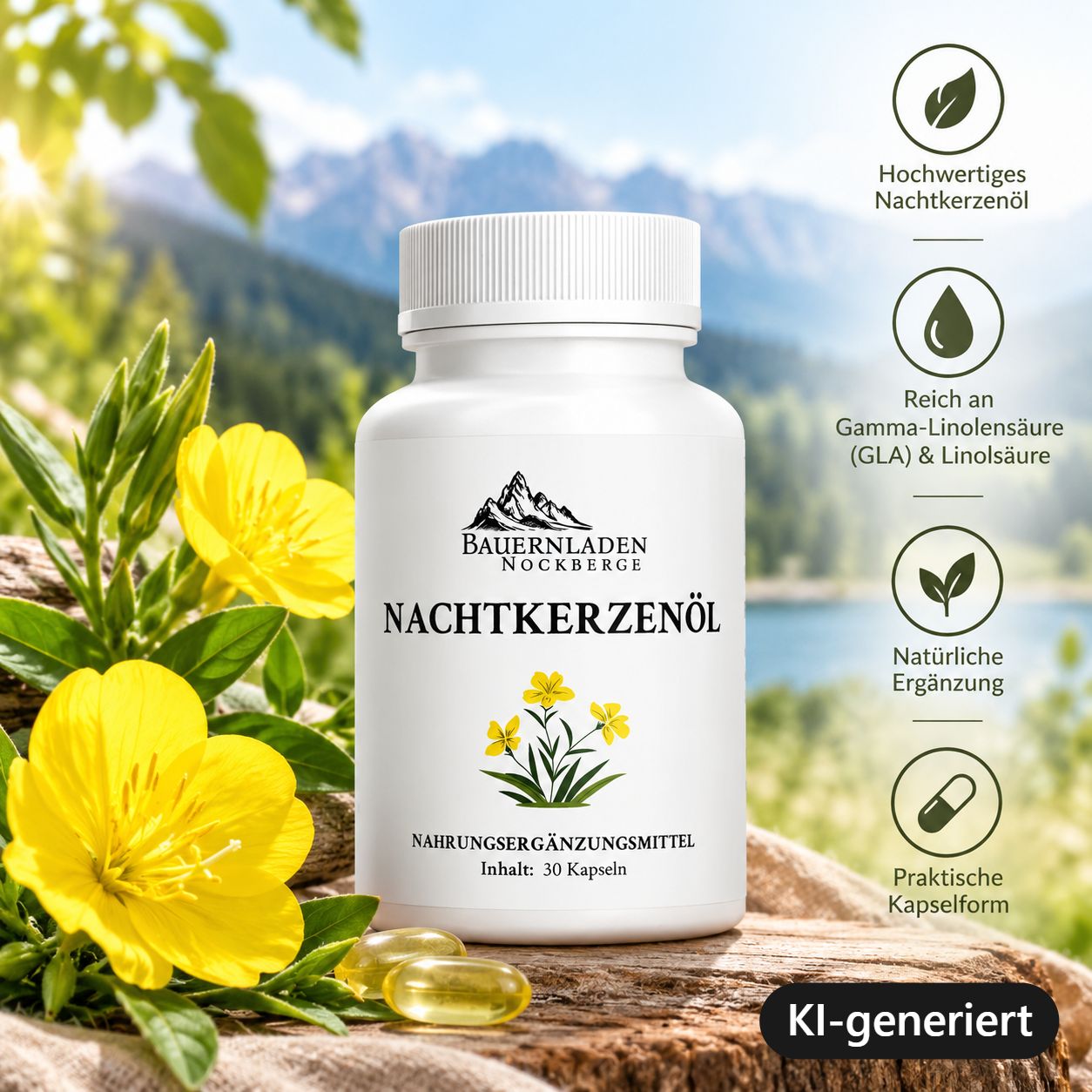 Flasche mit Nachtkerzenöl Kapseln, umgeben von gelben Blüten und Berglandschaft.
